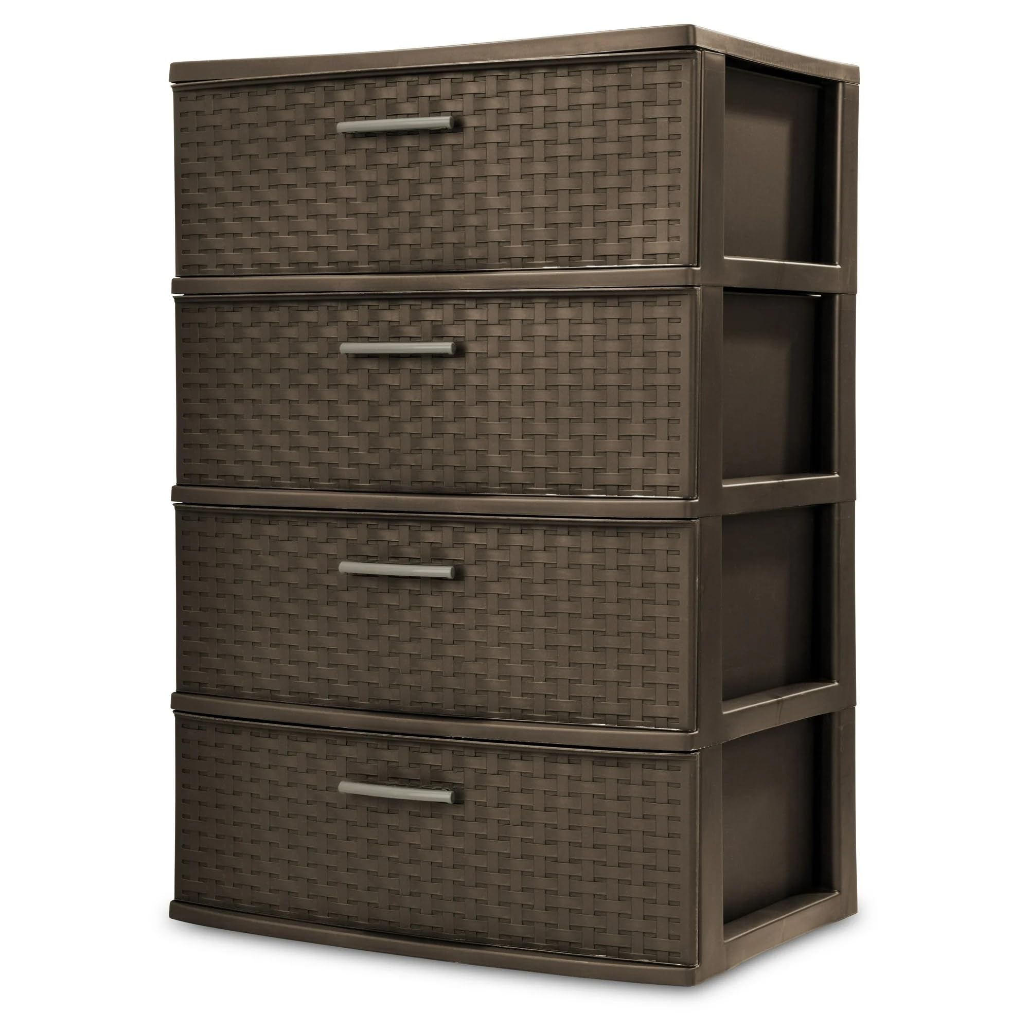 4-Drawer Plastic Weave Storage Tower – Wide Pull-Handle Drawer Organizer, Heavy-Duty Brown