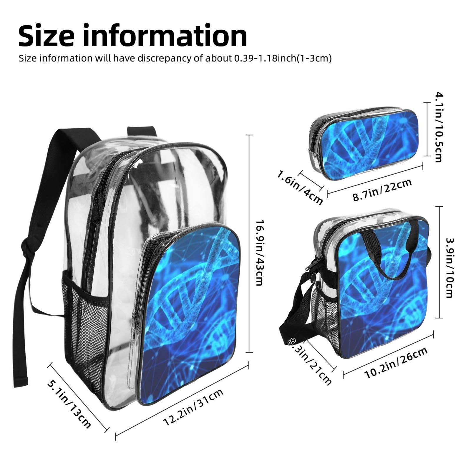 Dna Catena Fotografica Stampa Unisex 3 Pezzi Trasparente Zaino Set Borsa Pranzo Per Scuola Viaggi Sport All'aperto