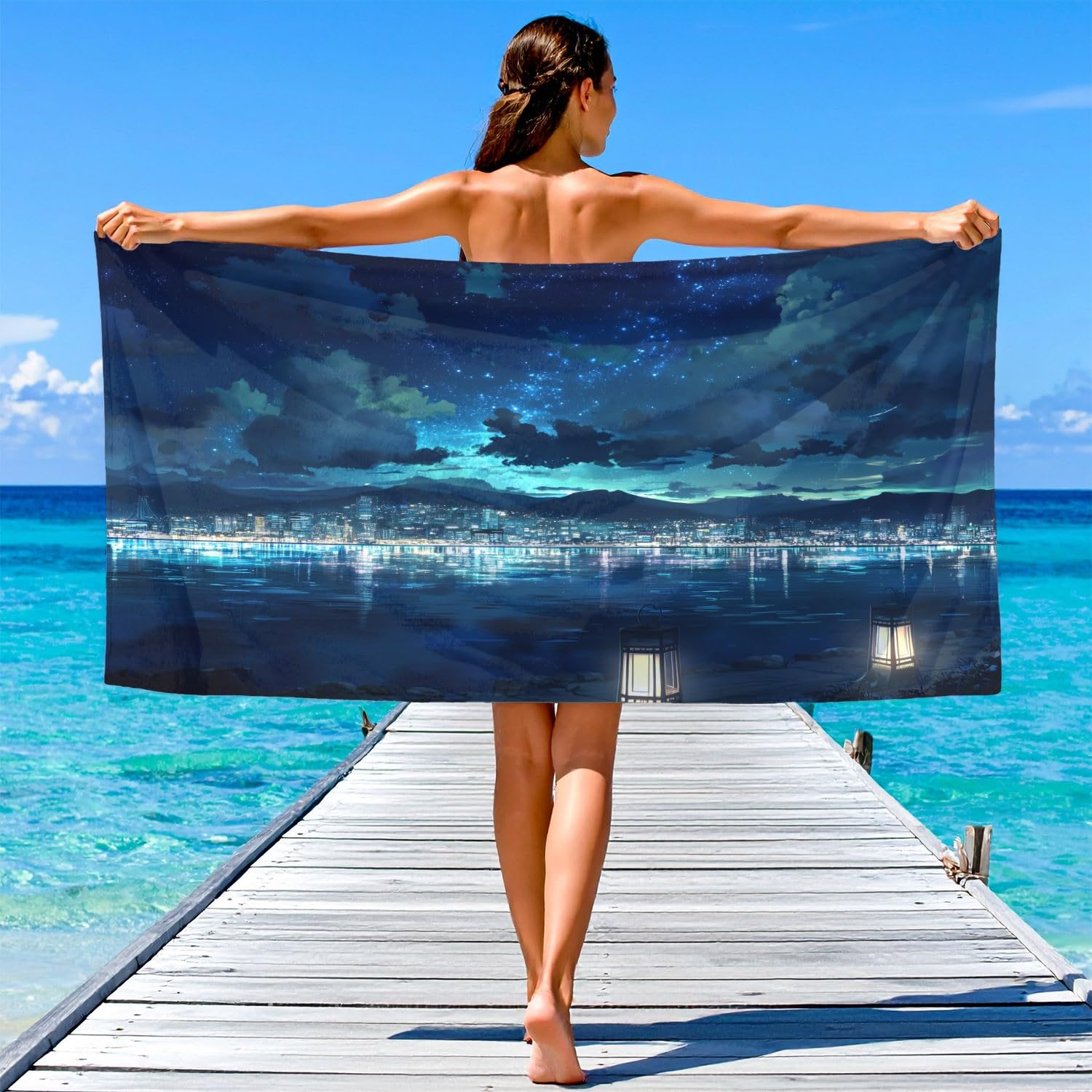 Sommer, Strand, Klar, Urlaub, Haustiere Strandtuch 200 x 145 cm – Saugfähiges Schnell trocknendes Strandtuch Welpe im gestreiften Badeanzug, Strand, Seesterne für Campen, Picknick, Ausflüge