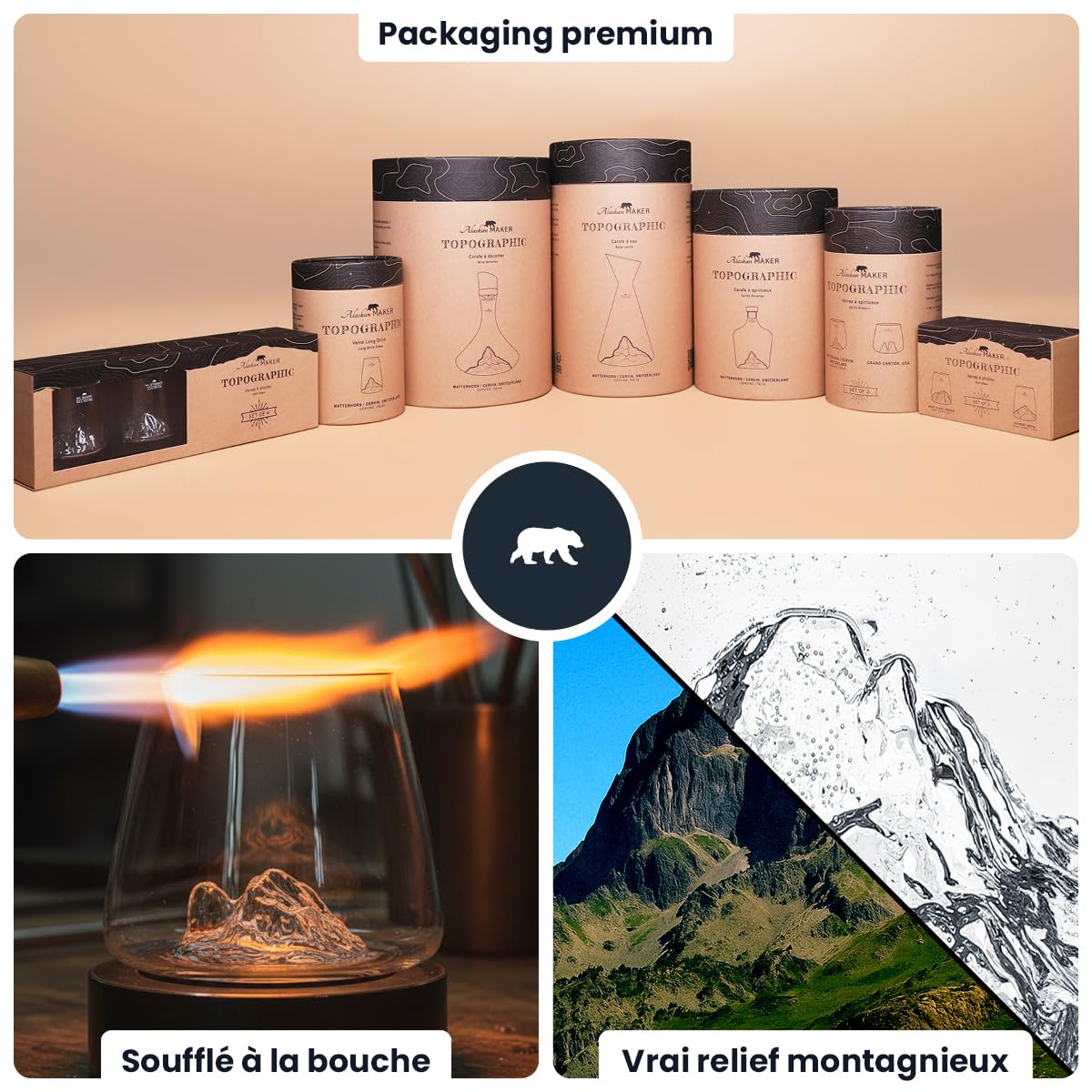 Bicchieri da Whisky 350 ml (confezione da 2) – Borosilicato di alta qualità, soffiati artigianalmente con le montagne in rilievo, forma a tulipano, distillati topografici (Sassolungo & Gran Paradiso)