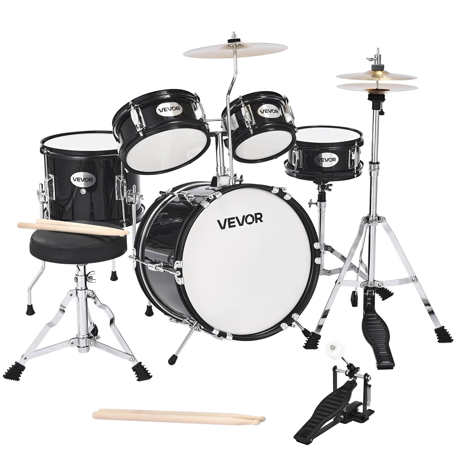 VEVOR Kids Drum Set, 5-Piece 14 in Junior Drum Sets, Beginner Drums Set with Adjustable Throne, Cymbal & Two Pairs of Drumsticks, Musical Learning Drums Instruments Kit, for Children Ages 6-13(Black)