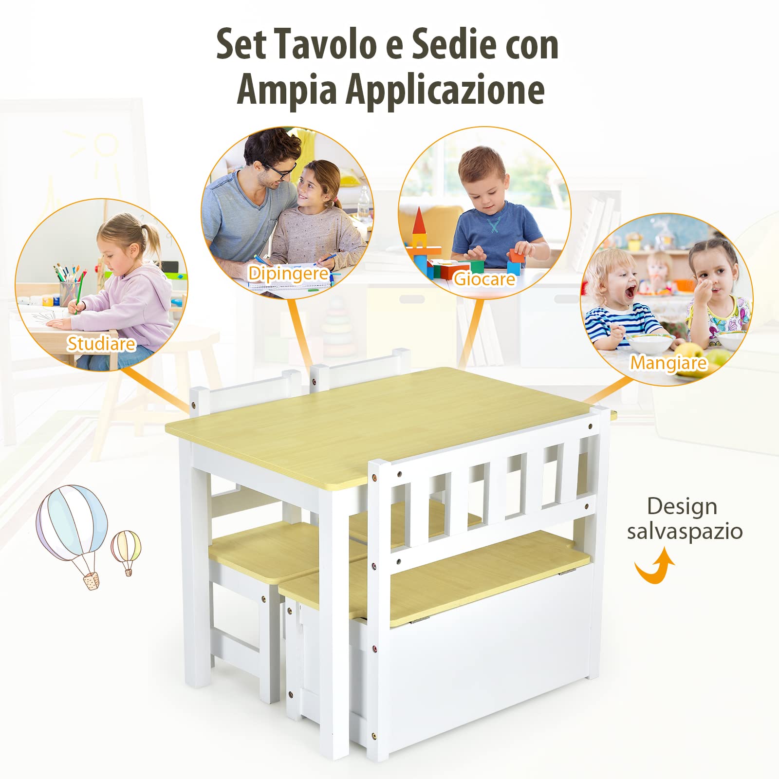 COSTWAY Set 4 Pezzi Tavolo e Sedie per Bambini, 2 in 1 Tavolino Attività di Legno per Bambini con 2 Sedie e 1 Panca, per Giocare Disegnare Leggere e Mangiare (Naturale)