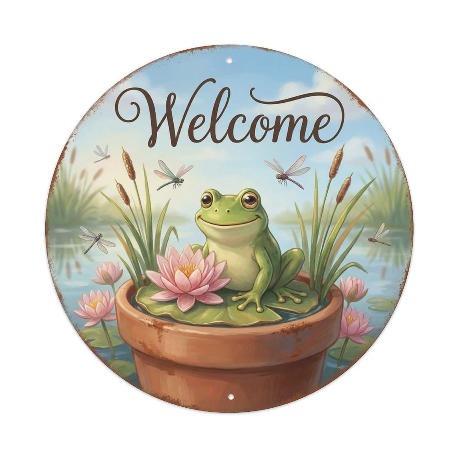 Welcome Frog Pond Lilies Vintage Metal Tin Sign Plaque Wall Decor for Cafe, Club Bar, Office, Garden Metal Poster 8x8Inch