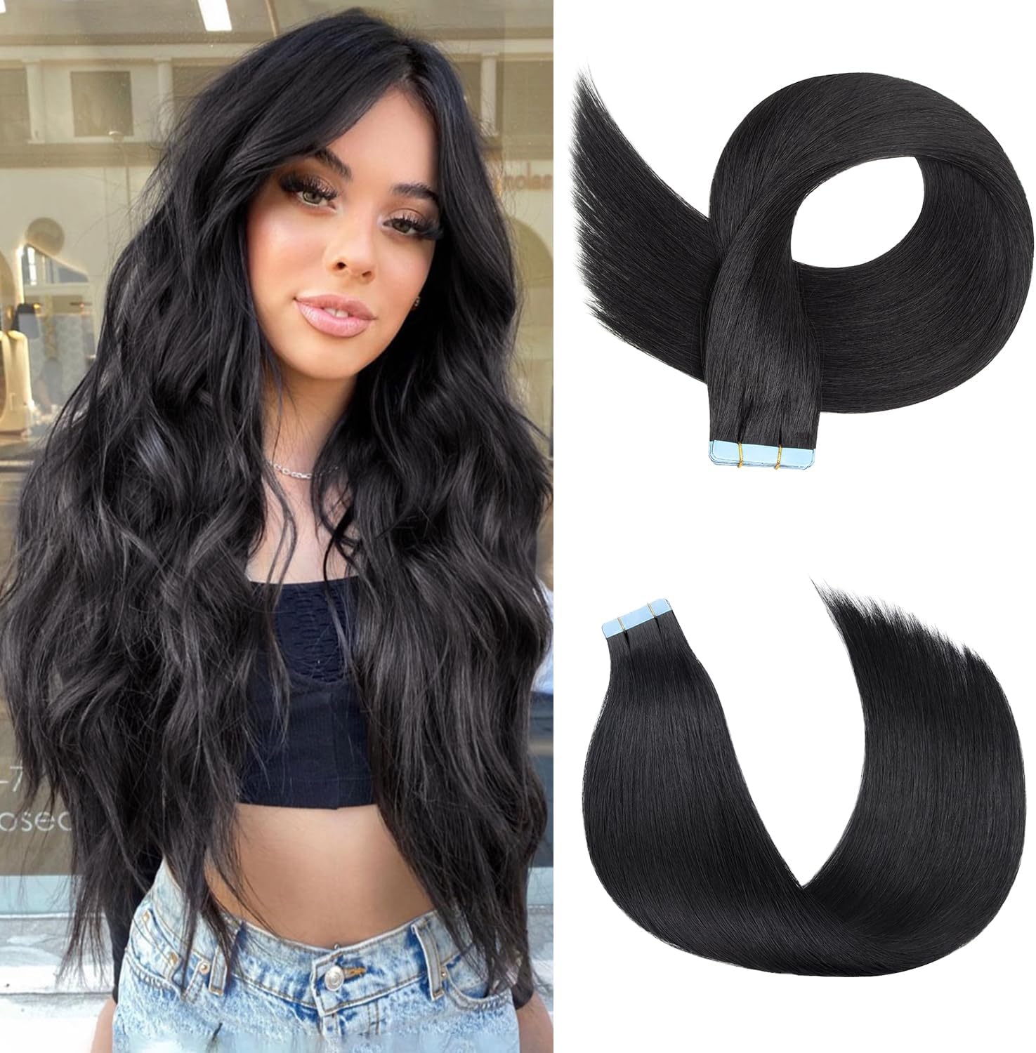 Isheeny Tape In Hair Extensions Human Hair Black 18 Inches 20pcs 50g/Pack Straight Invisible Remy Tape In Human Hair Extensions