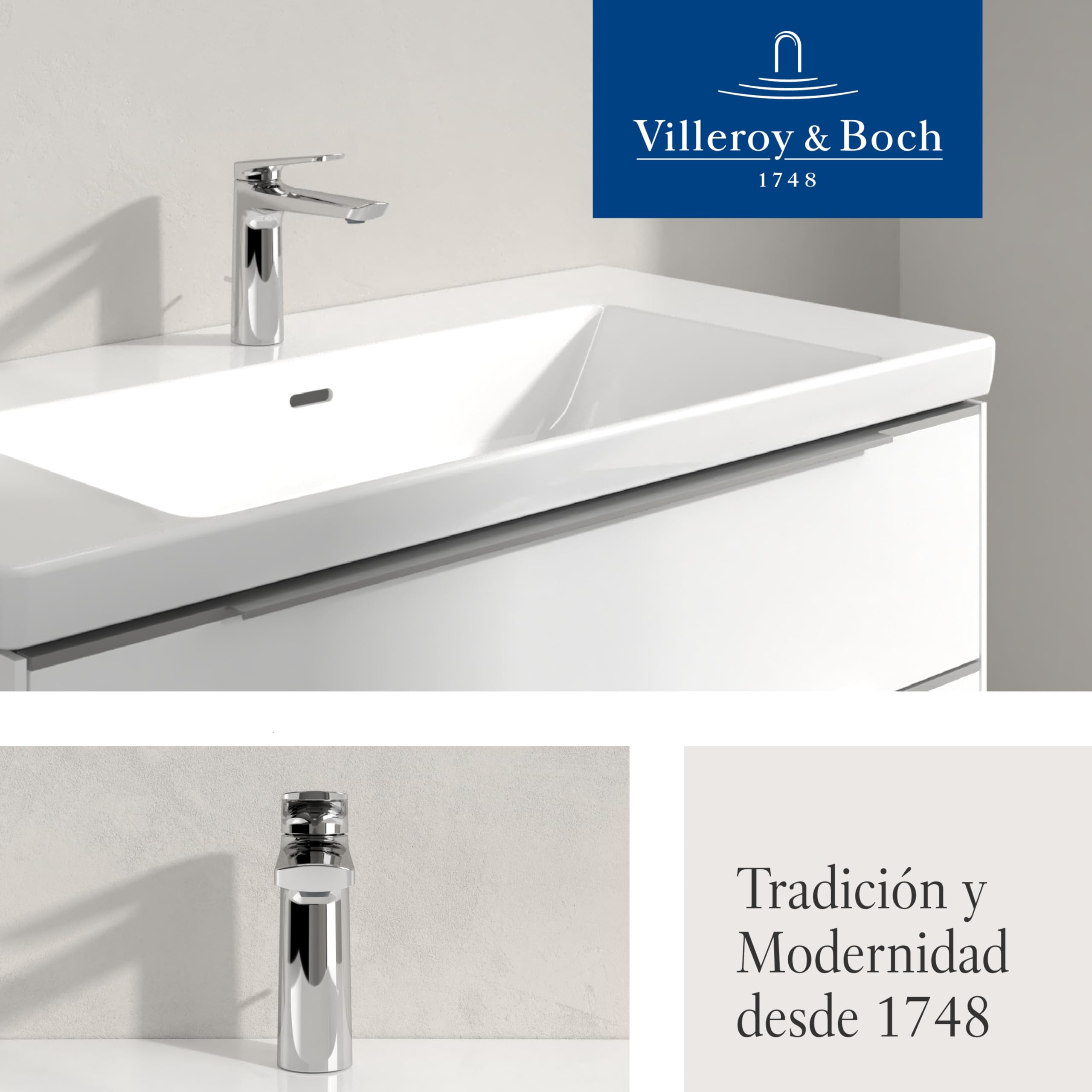 Villeroy & Boch Oasis grifo para lavabo con varilla - Grifería con cartucho cerámico - Grifo de bajo consumo y fácil de limpiar - Altura de caño de 114 mm - Grifo redondo cromado