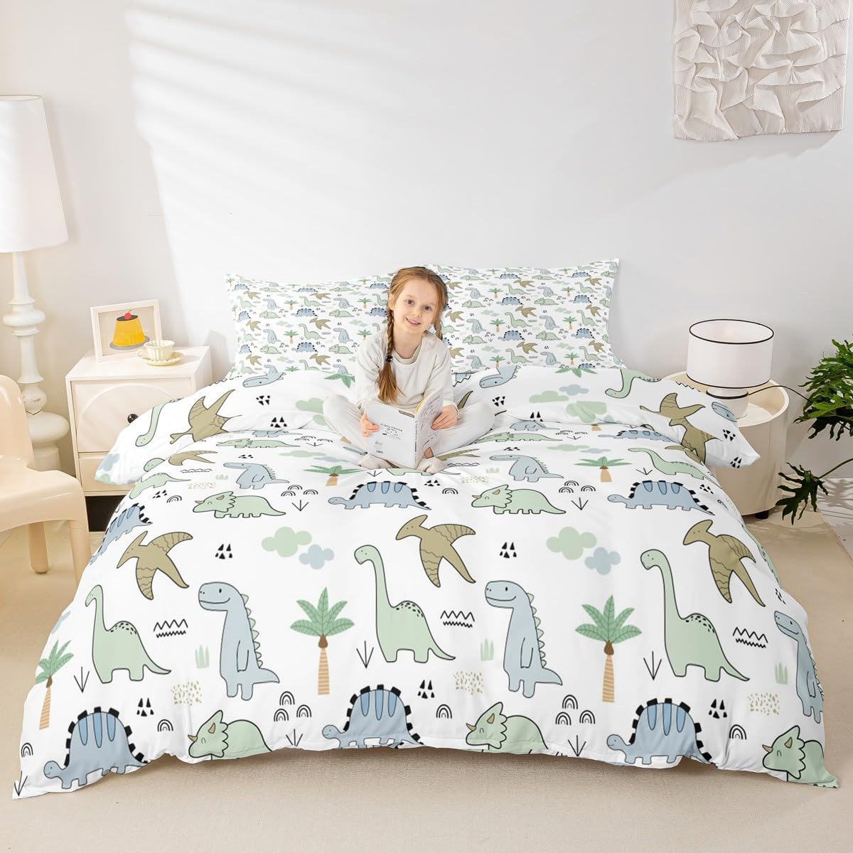 Cute Dinosaur Bedding Set,Watercolor Sketching Hand Drawn Print Comforter Cover Set (No Comforter)for Bedroom Decor Cartoon Dino Wild Animals Duvet Cover Microfiber Breathable Bedspread Full Size
