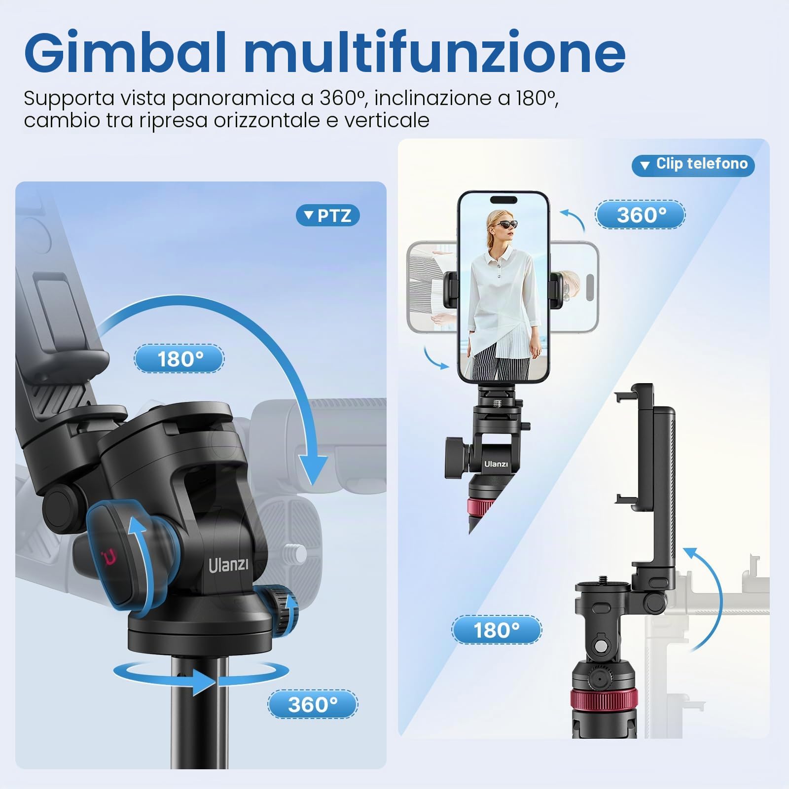 ULANZI MT-78 Treppiede Estensibile 1.8m per telefono e Fotocamera con Bastone per Selfie, con Clip per Telefono, Testa a Sfera a 360° con Slitta a Freddo per iPhone Sony Canon, leggero per i viaggi