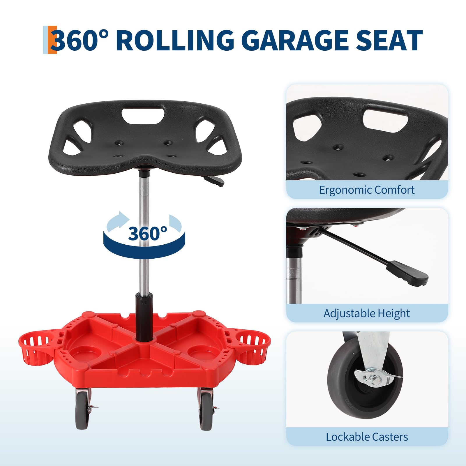 Garvee Höhenverstellbarer Werkstatthocker mit Rollen – Ergonomisch und gepolsterter Sitz, 360° dreh- und feststellbare 10 cm Rollen, abnehmbares Magnet-Werkzeugfach, ideal für Kfz-Reparatur & Garage