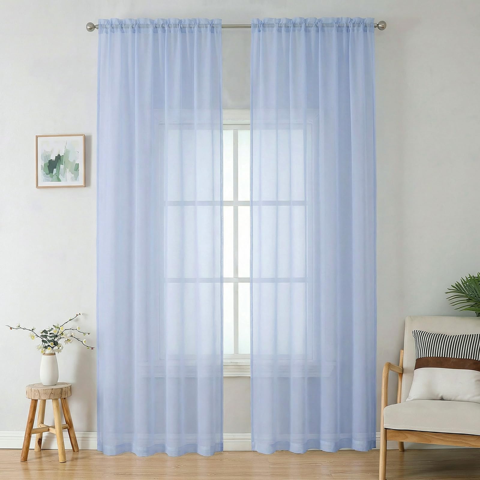 OWENIE Sheer Curtains 96 inches Long 2 Panels Set for Living Room/Bedroom, Rod Pocket Voile Sheer Panel Drapes, Airy Soft Fabric Window Treatments, 2pcs, Each 42" W x 96" L, Demin