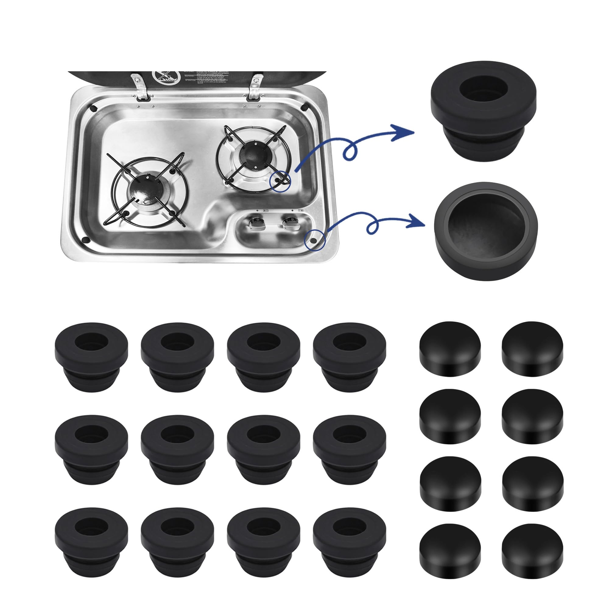 PHATRIP 12 Stück Topfträgergummis und 8 Stück Abdeckkappen,Rostgummifüe, Schutzgummidurchführungen für Wohnmobilkocher Kompatibel mit 5 mm Stangen von Smev