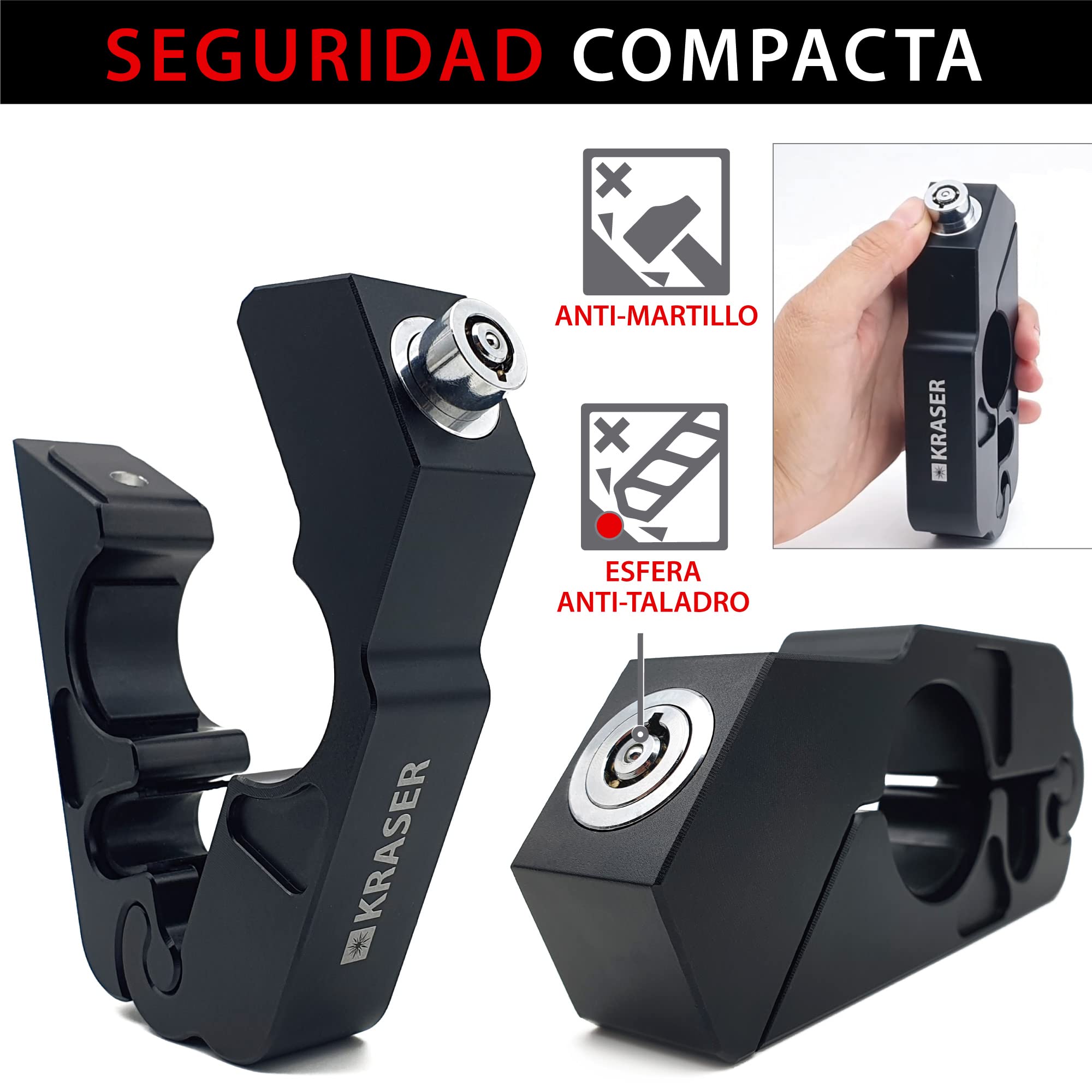 KRASER KR720B Candado Moto Freno Manillar, Rápido Bloqueo Click, Cerradura Seguridad Anti-Taladro, Bloqueo Antirrobo Bloqueo Maneta Acelerador Freno Embrague Universal Scooter Quad, Grip Lock