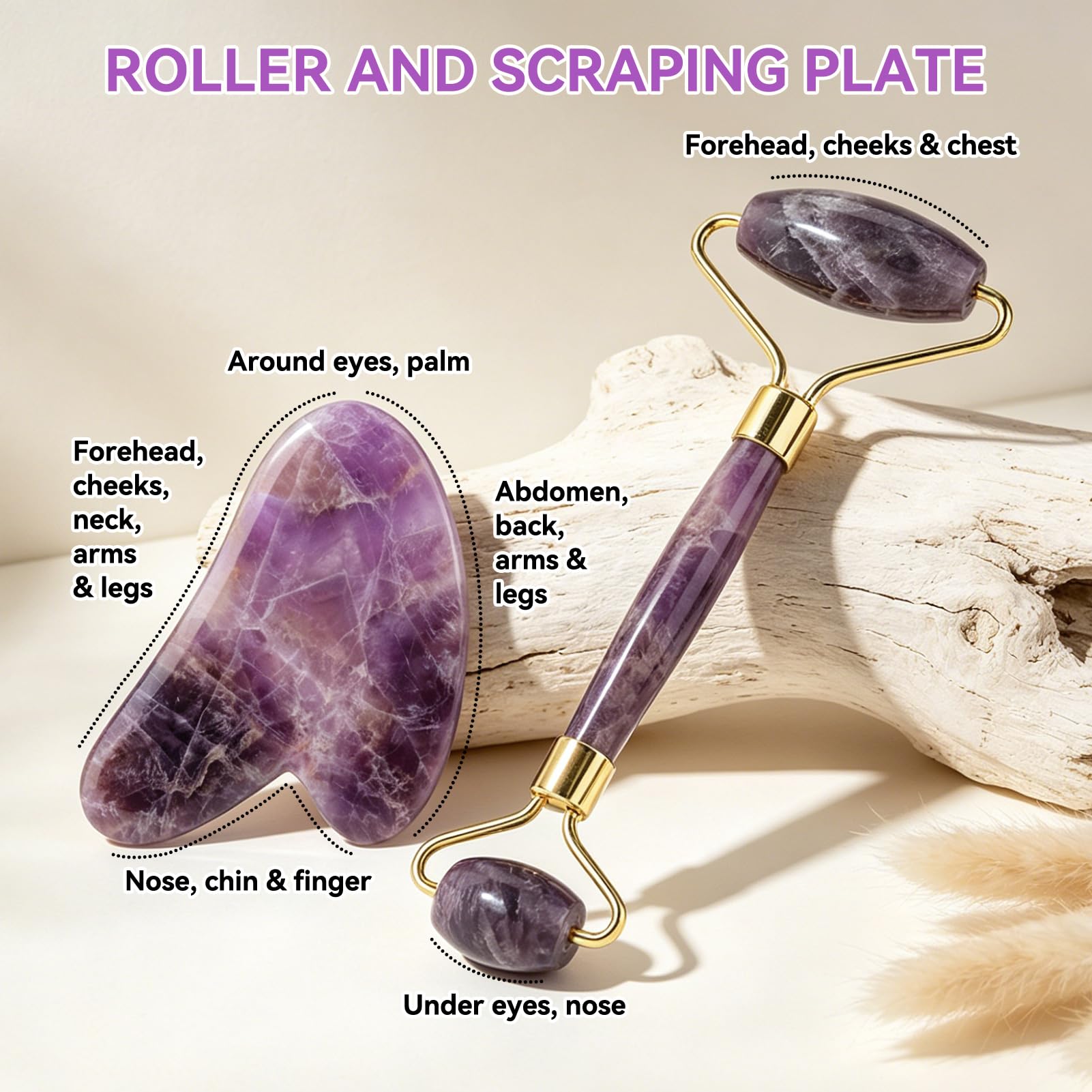 Rodillo De Piedra De Jade De Amatista Natural, Rodillo Para El Rostro Herramienta Guasha Para El Rostro Rodillo Facial Antienvejecimiento De Doble Cabeza Para El Cuidado De La Piel, Ojos, Cuello