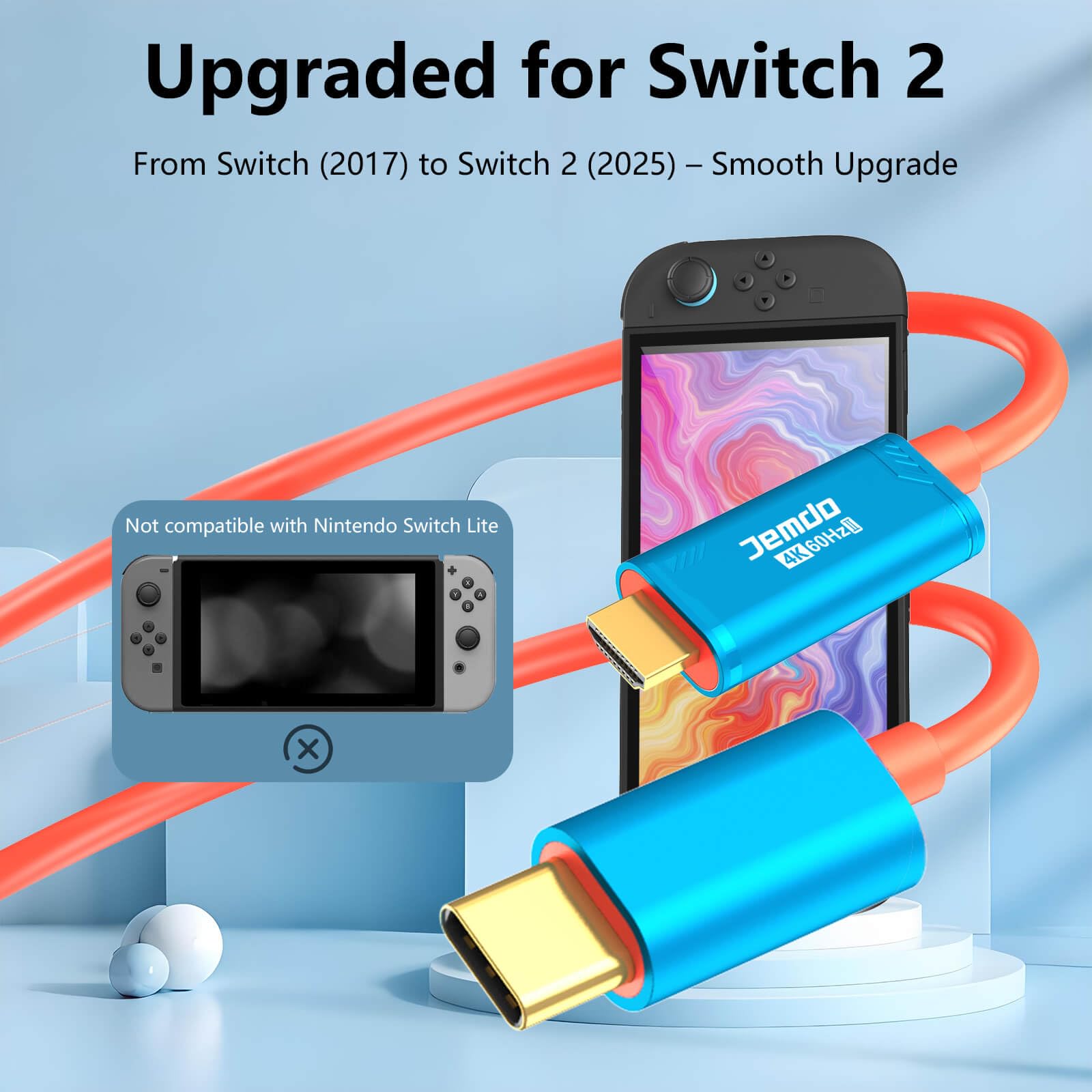 JEMDO Dock Switch 2 cavo TV HDMI base, 4K 60Hz 18Gbps USB C 3.2 a HDMI 2.0 2m 100W PD, adattatore TV portatile compatibile con Switch 2 (versioni < V21.0.0)/2017/OLED – Blu