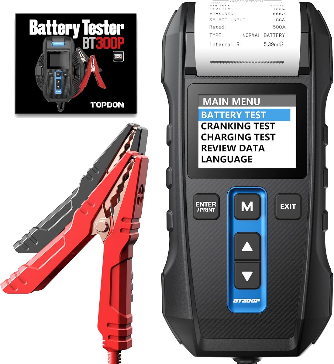 12V/24V Car Battery Tester, TOPDON BT300P Automotive Battery Load Tester | 100-2000 CCA Battery Tester with Built-in Printer, Battery, Cranking and Charging System Test, Reverse Polarity Protection