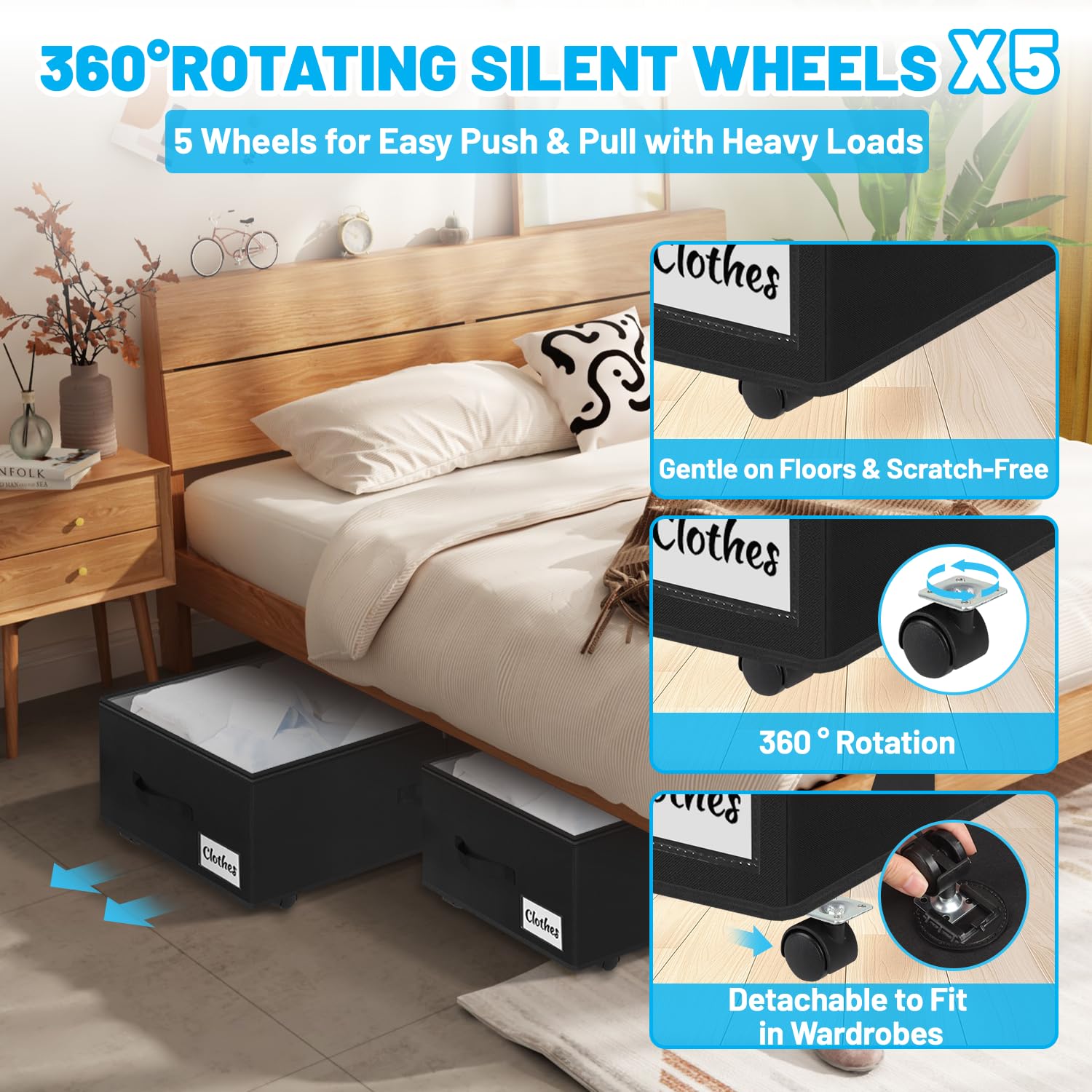 Kukikan Unterbettkommode auf Rollen, 2er Pack 24 cm XXL 60L Rollunterbett Aufbewahrungstasche mit Reißverschluss, Einfache Montage Unterbett Aufbewahrungsbox mit Deckel & Etikett, Unterbettschubladen