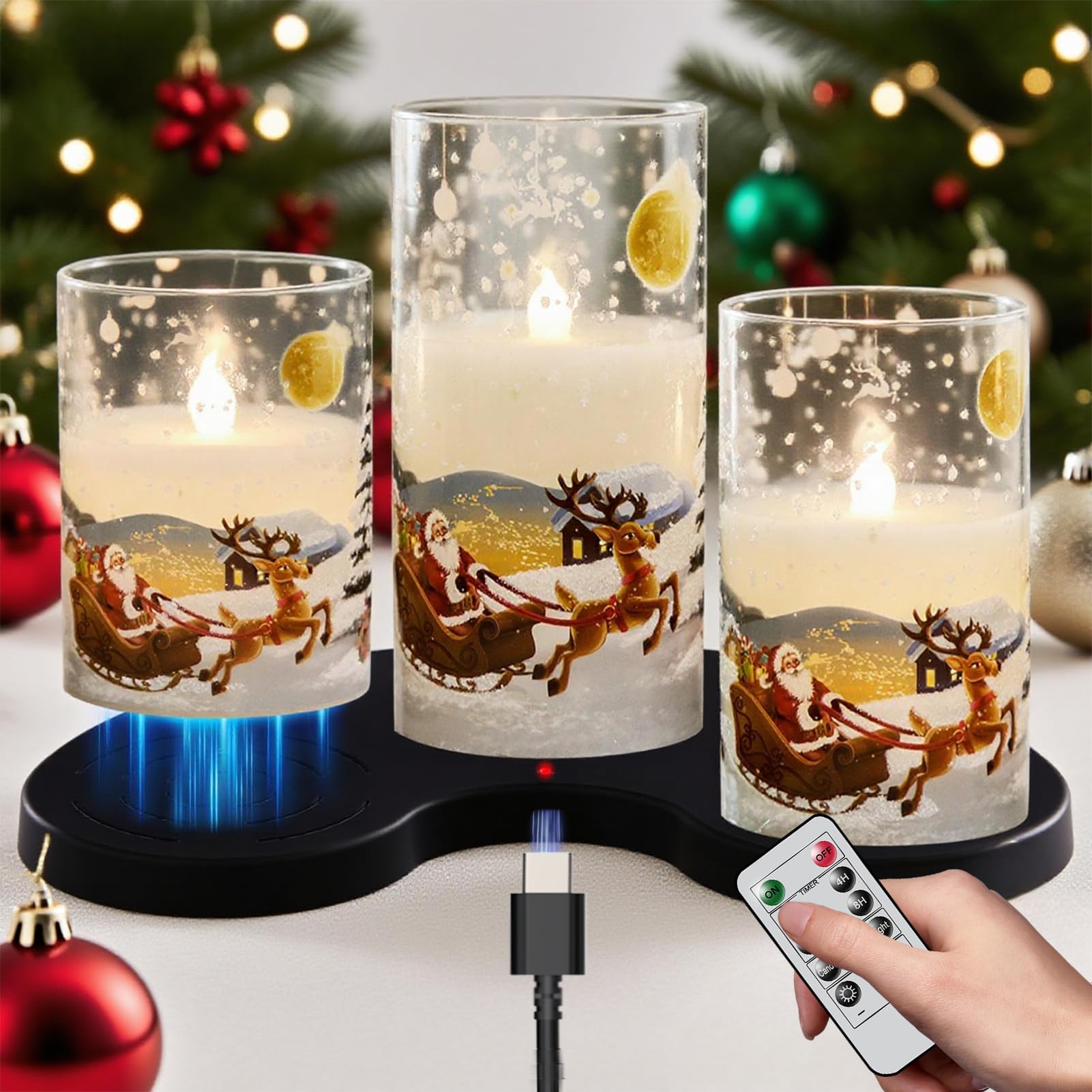 Eldnacele Christmas Santa Rechargeable Glass LED Candles Flickering with Remote Timer, Real Wax Flameless Pillar Candles for Christmas Decorations Home Decor