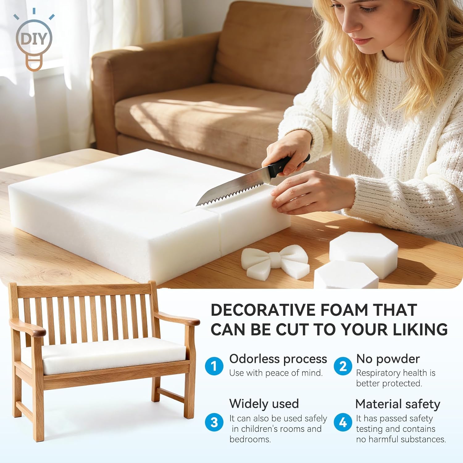 Ylymence High-Density Upholstery Foam, Furniture Padding for Sofa Cushion Replacement, DIY Cut Whole-Piece Indoor/Outdoor Foam Pads(72×24×1 Inch,White)2 Pack