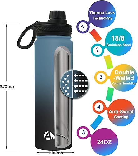 Miniatura 9 de Akyta Botella de agua de 32 onzas, botella de agua deportiva con popote, 2 tapas, acero inoxidable aislado al vacío, mantiene el agua fríacaliente,