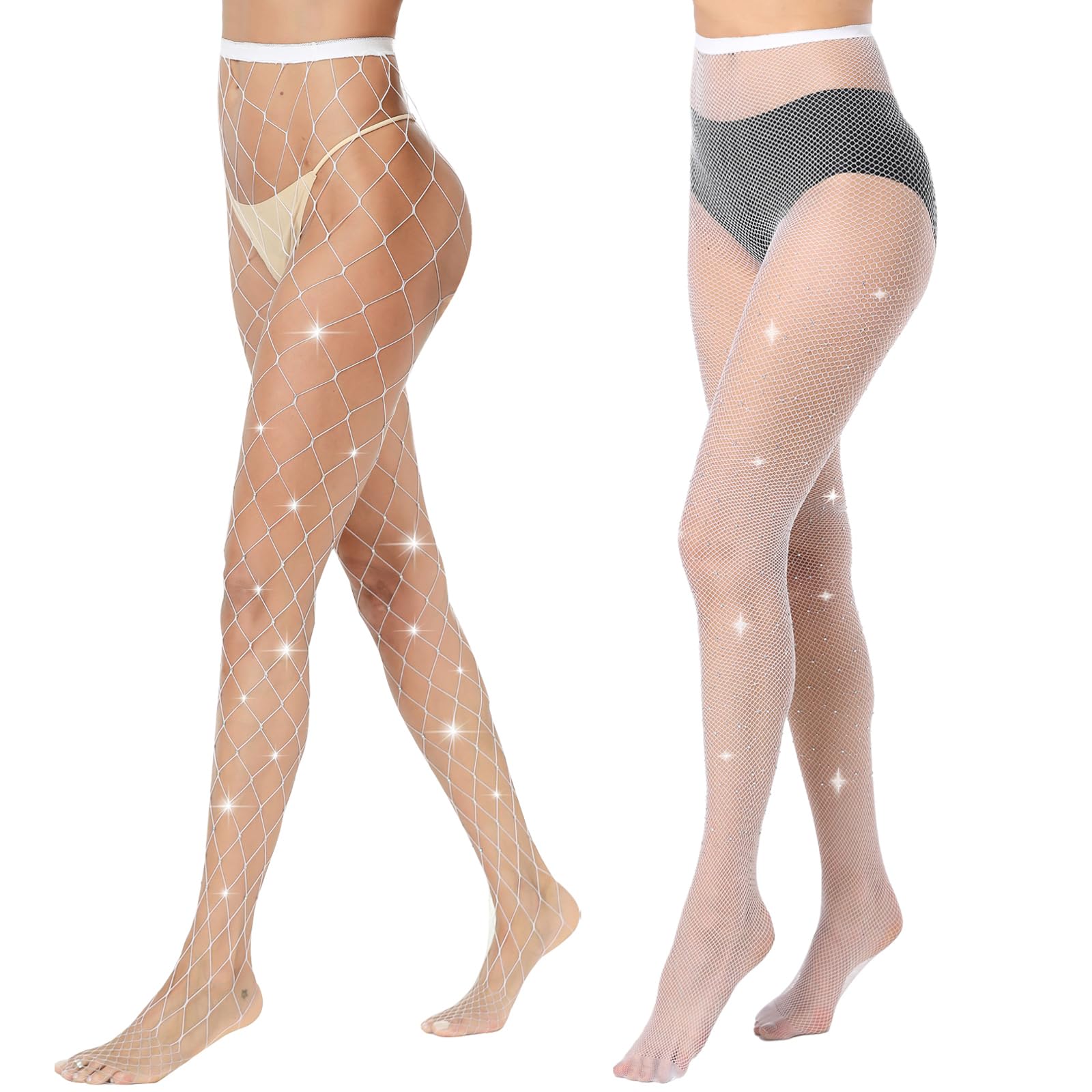 Manzi Women's White(Large+Small Net) Rhinestone Fishnet Tights Sparkly Tights Fishnet Stockings White(Large+Small)