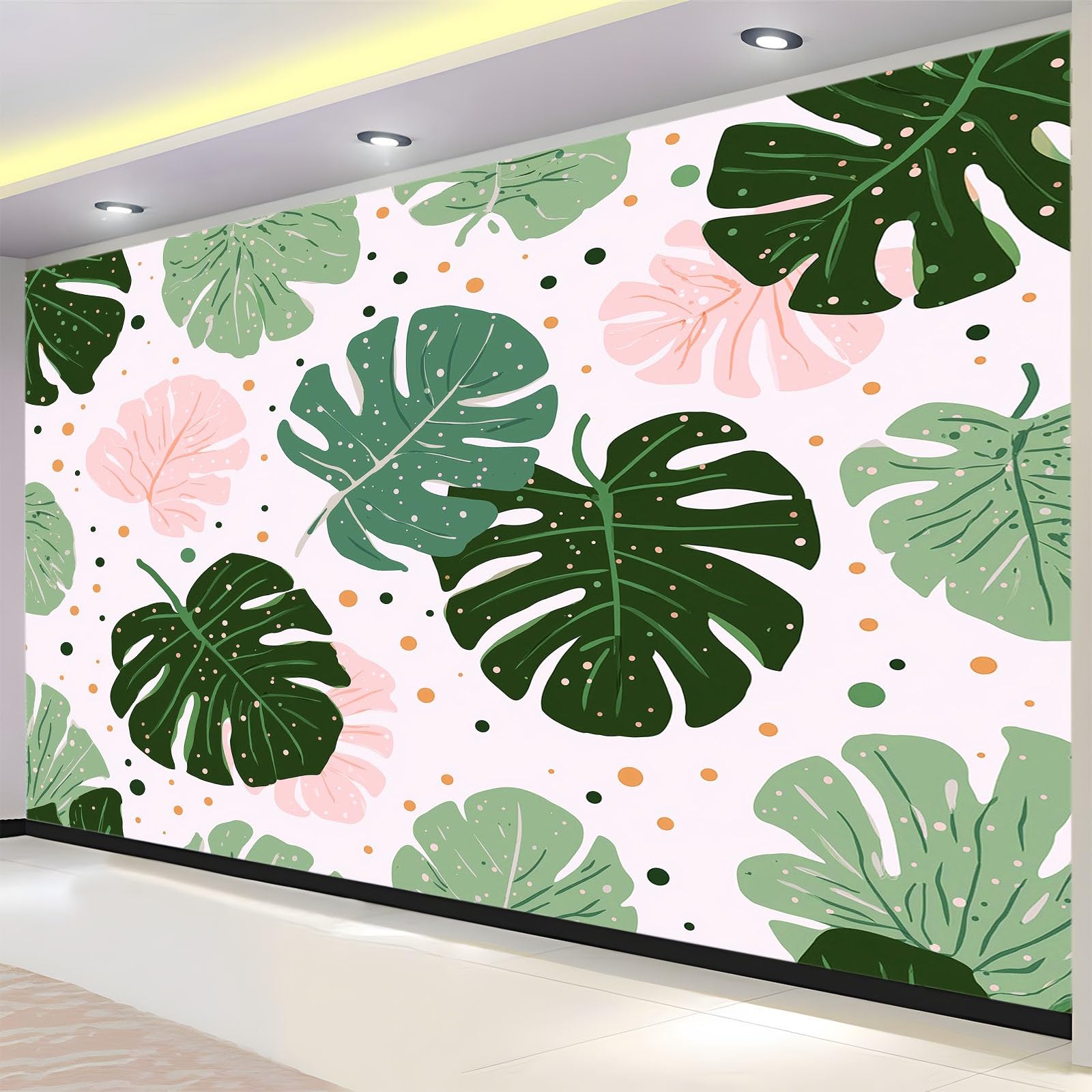 Profesjonalna tapeta z włókniny 200 x 140 cm, odporna na zabrudzenia tapeta do kuchni i jadalni, dekoracja ścienna nordycka biała tropikalna monstera kropki