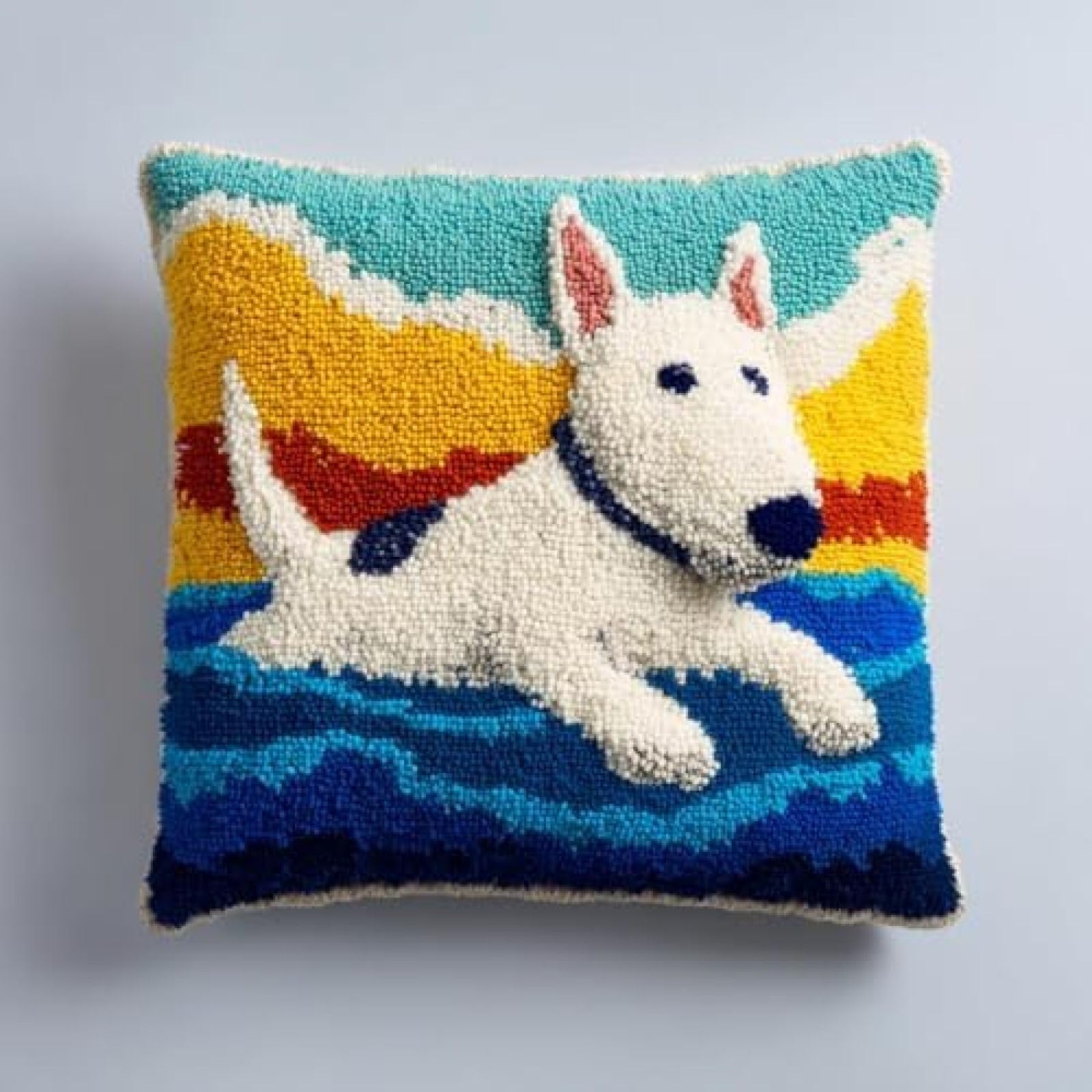 kitphoenix DIY Pillow Cover Latch Hook Kit for Adults,Bull Terrier Dog Swimming Seaside,Pre-Printed Rug Hooking Craft Kit with Yarn and Hook,43x43 cm Cushion Case Making Set