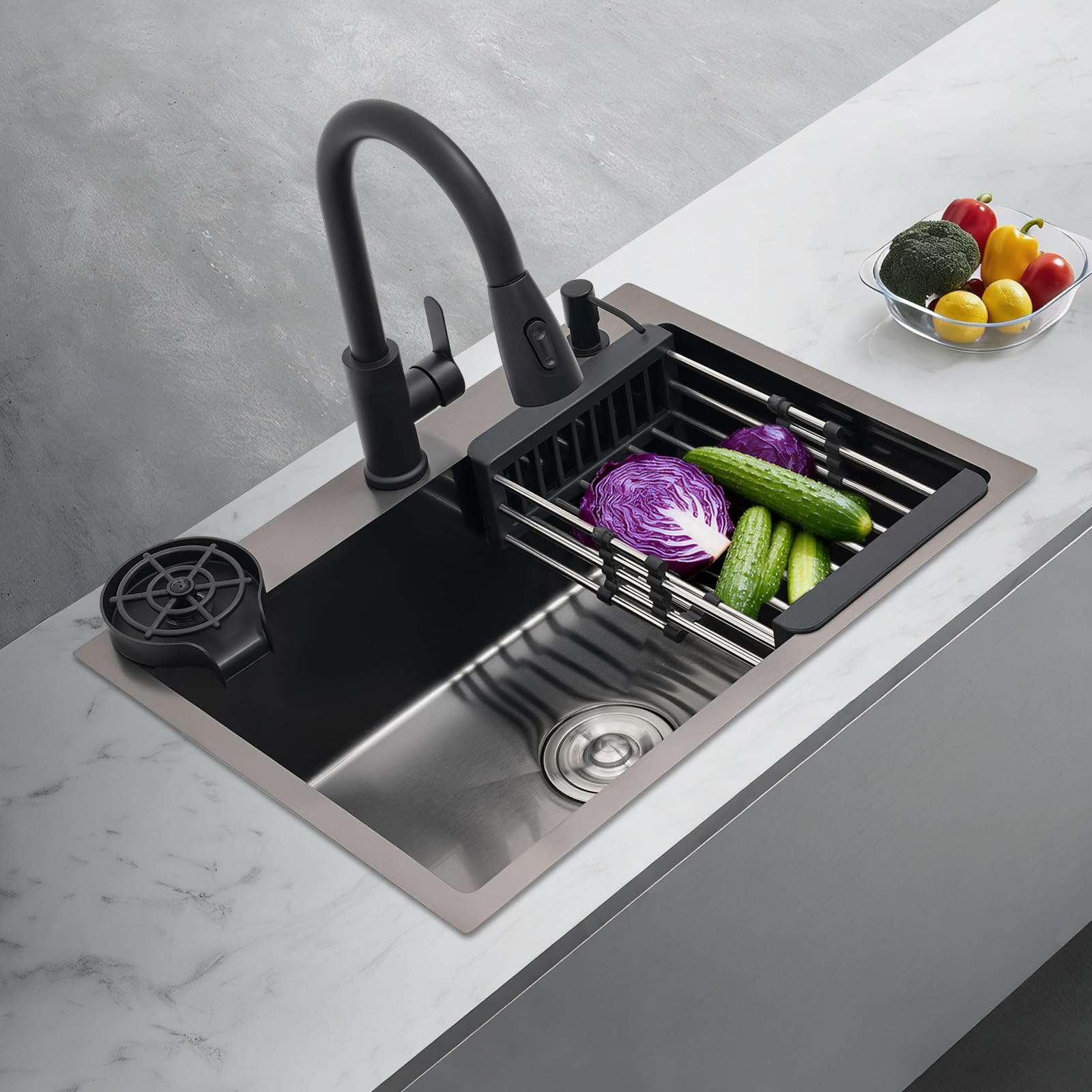 Fregadero de cocina negro, 60 x 45 cm, de acero inoxidable, con soporte para tazas, grifo extensible, dispensador de jabón, escurridor, fregadero empotrable para cocina, hogar, baño