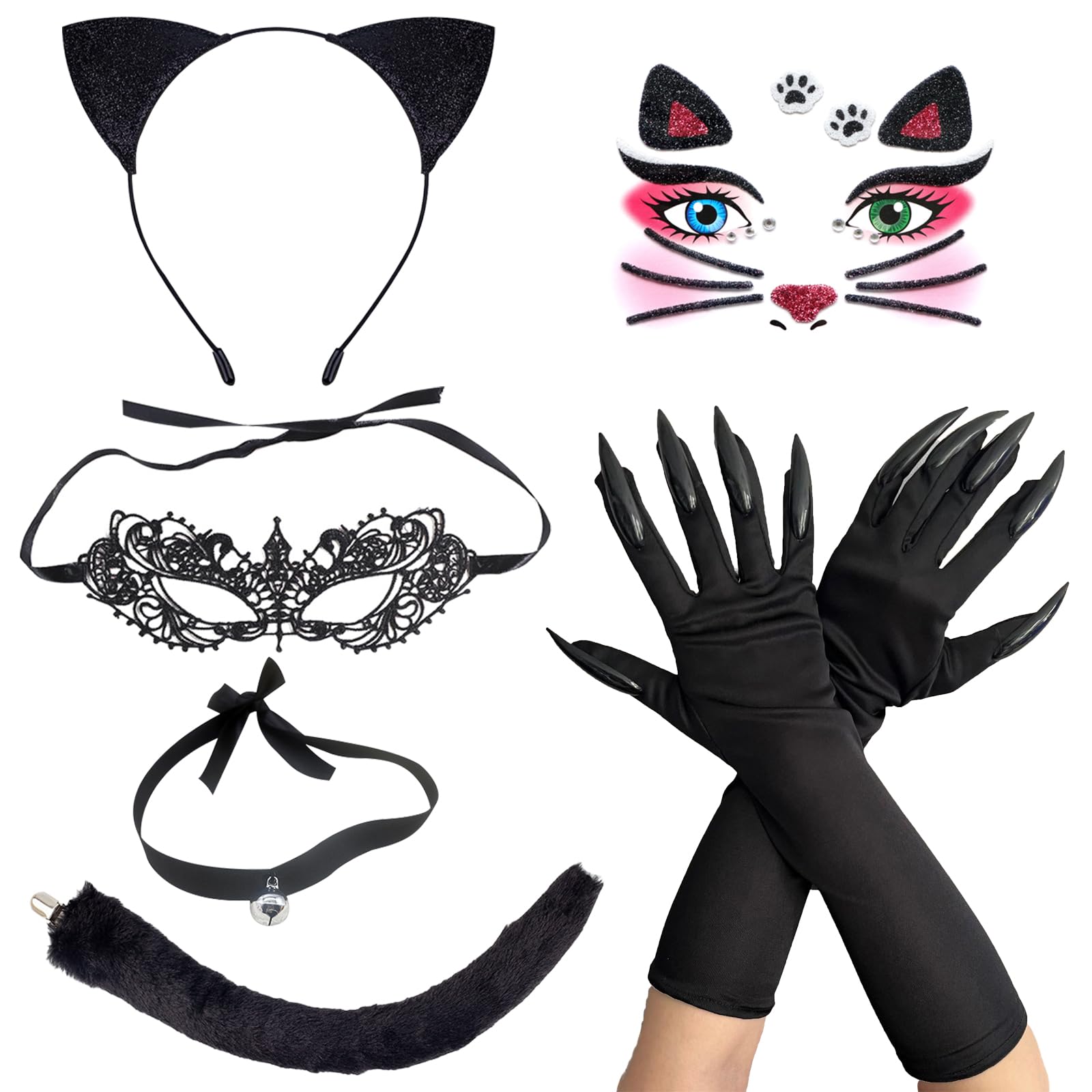 TYXHXTF Black Cat Costume for Women, Black Cat Ears Masquerade Mask Necklace Gloves Cat Tail Face Stickers, Cosplay Accessories for Adult Kid Halloween Party Stage Show