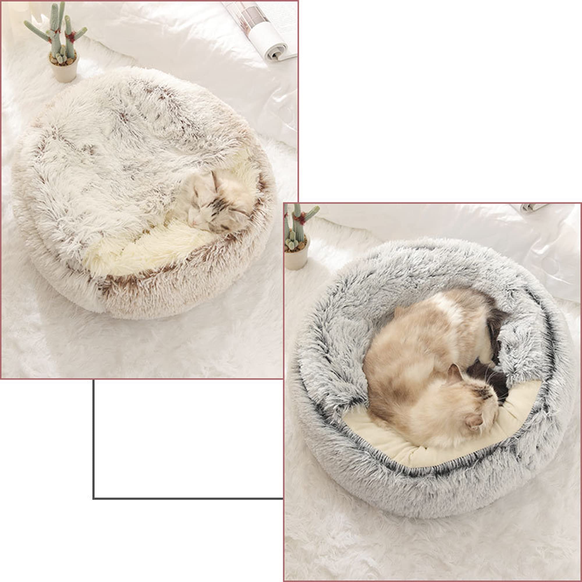 Round Cat Bed Nest Soft Fluffy Plush Burrowing Cave Hooded Cat/Small Dog Bed Pet Tent Sleeping Bed Winter Warm Anti-slip Machine Washed Premium Bed,50CM,Grey A
