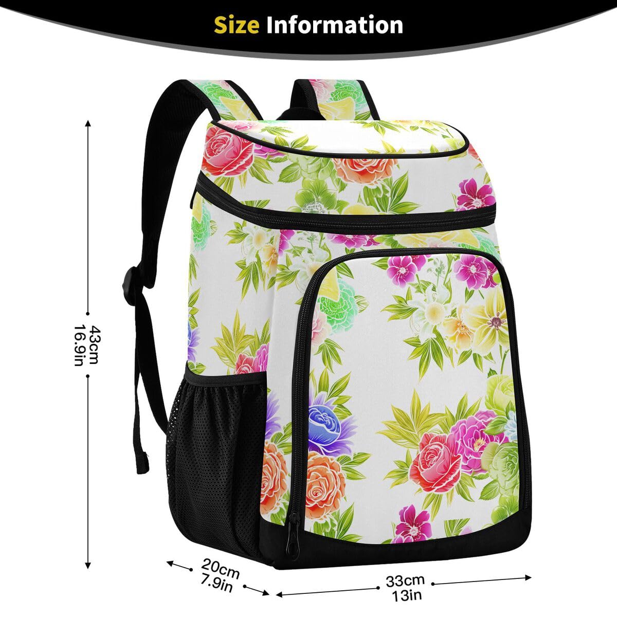 Floral Blossom Foliage White Cooler Backpack Leakproof Insulated Lunch Cooler Bag 30 Cans Camping Backpacks for Beach Road Trip Picnic