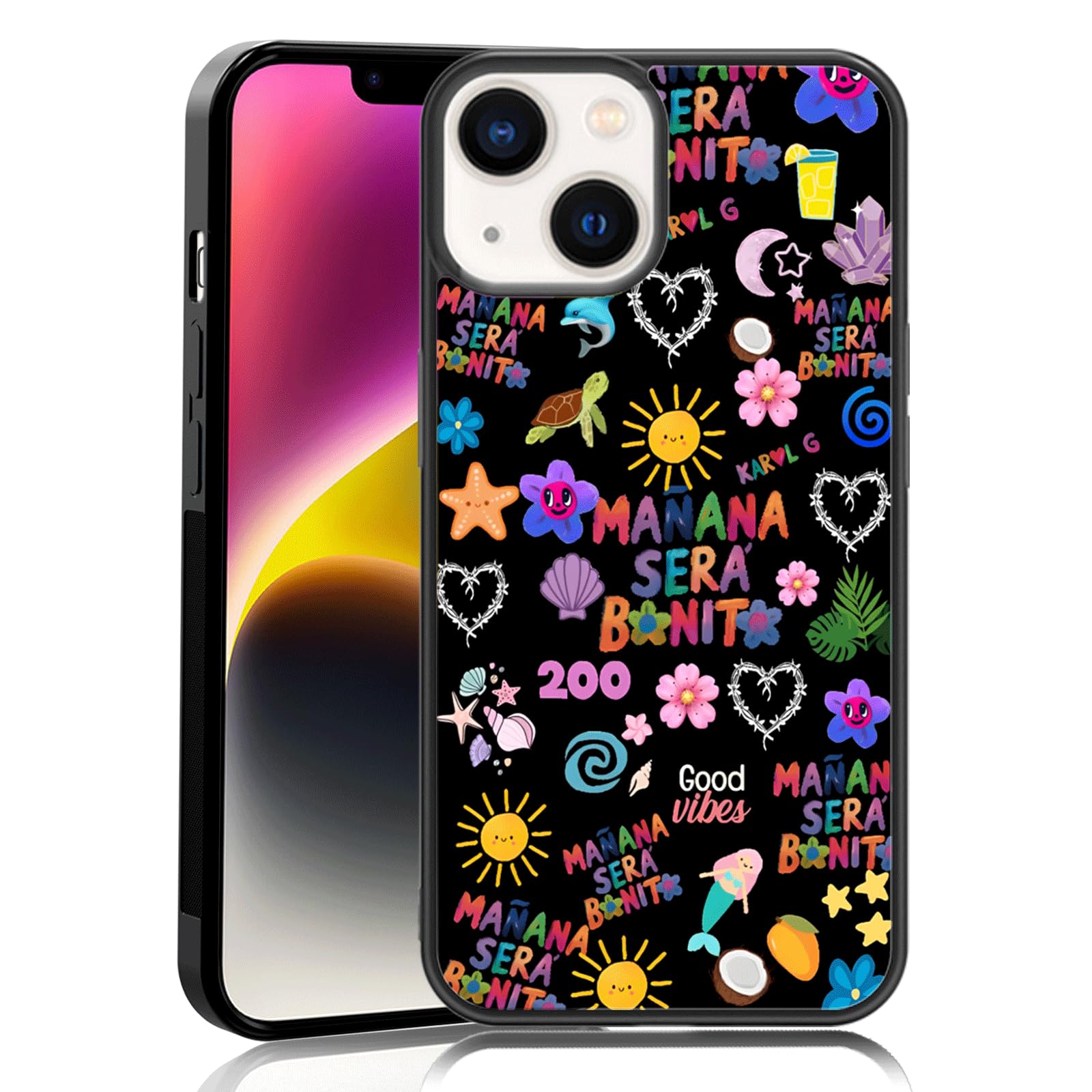 MMYAJT Black Cool Manana Sera Bonito Phone Case Fit for iPhone 14 ，Cute Heart Flower TPU Shockproof Protective iphone Case K arol G Colour Phone Cover Gift for Boy Girl Men Women