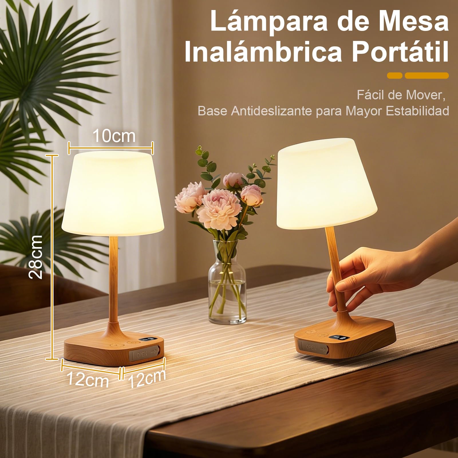 2 Piezas Lamparas Mesita de Noche Inalambrica con Puertos de Carga USB | Lamparas Sin Cables LED Táctil Recargable, Luz LED Ajustable con 3 Temperaturas de Color & Memoria para Dormitorio, Salón