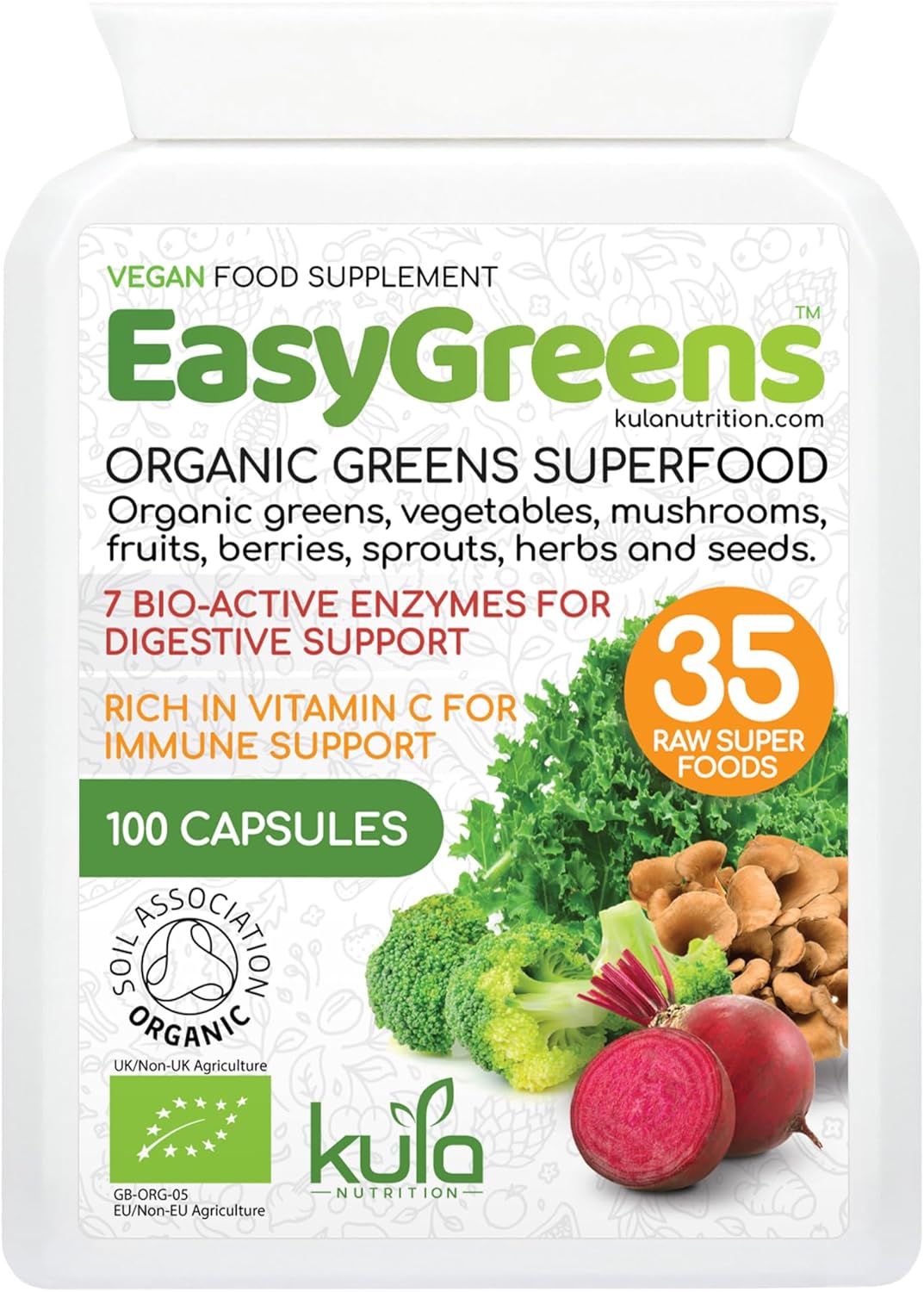 EasyGreens – Organic Greens Superfood Capsules – 100 Vegan Capsules – Soil Association Certified Natural Vitamin and Mineral – 35 Raw Greens, Fruits, Vegetables, Mushrooms, Sprouts, Seeds and Herbs