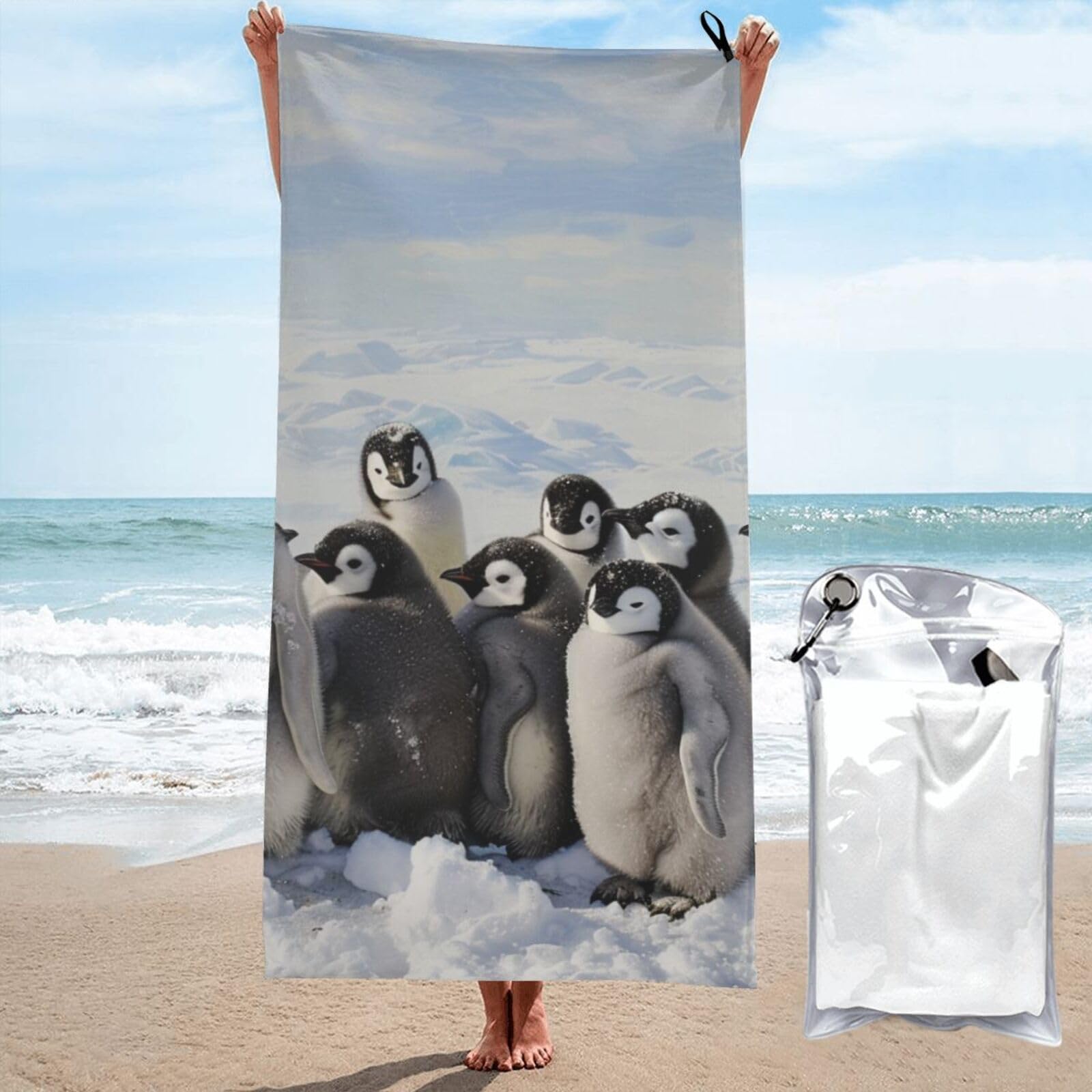 kkvhhyuo Microfiber Beach Towel, Young Penguins With Snow Printed Lightweight Quick Dry Travel Bath Sheet with Compact Carry Bag for Swimming Yoga Camping Gym,31.5"x63"