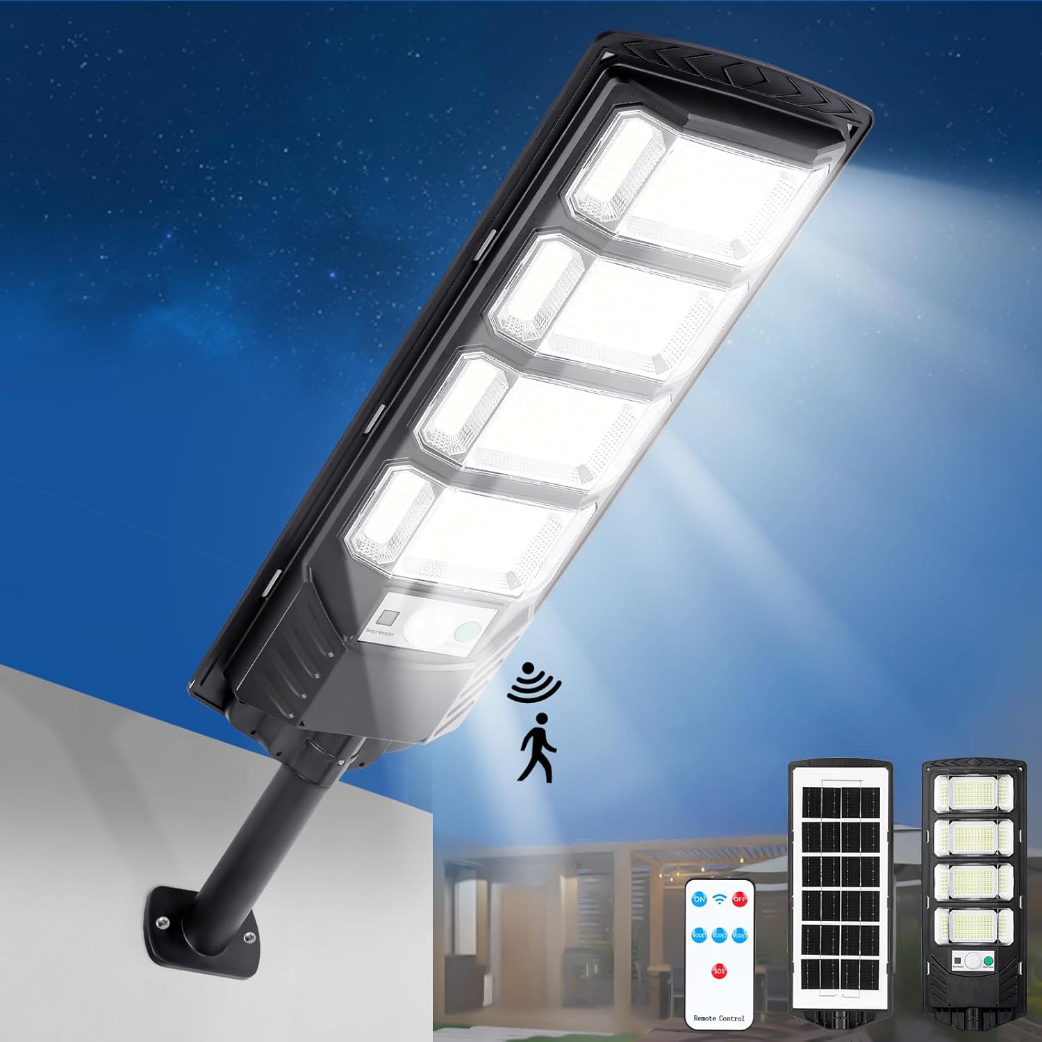 Solar Street Lights Outdoor Dusk to Dawn, 10000LM 6500K Solar Lights Outdoor Waterproof IP65 Solar Flood Lights Outdoor with Remote Control, Motion Sensor Outdoor Solar Lights for Yard, 1 Pack