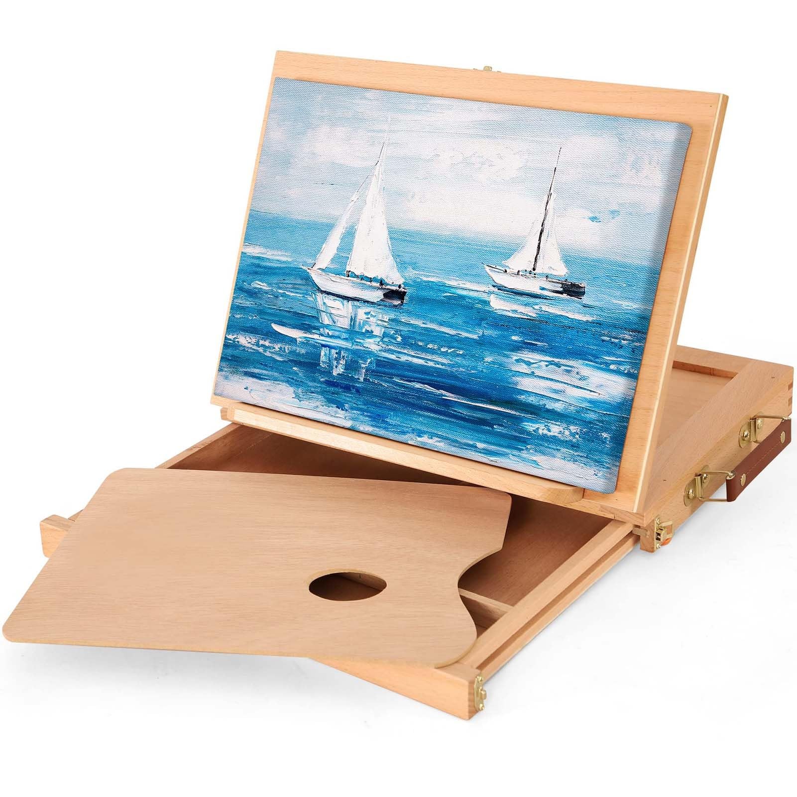 THEGA Große Tischstaffelei Mit 3 Schubladen, Verstellbare Tischstaffelei Aus Buchenholz Zum Malen, Tragbare Skizzenbox Für Künstlerbedarf, Reisestaffelei Für Erwachsene(with 1 Drawer+Wood Palette)