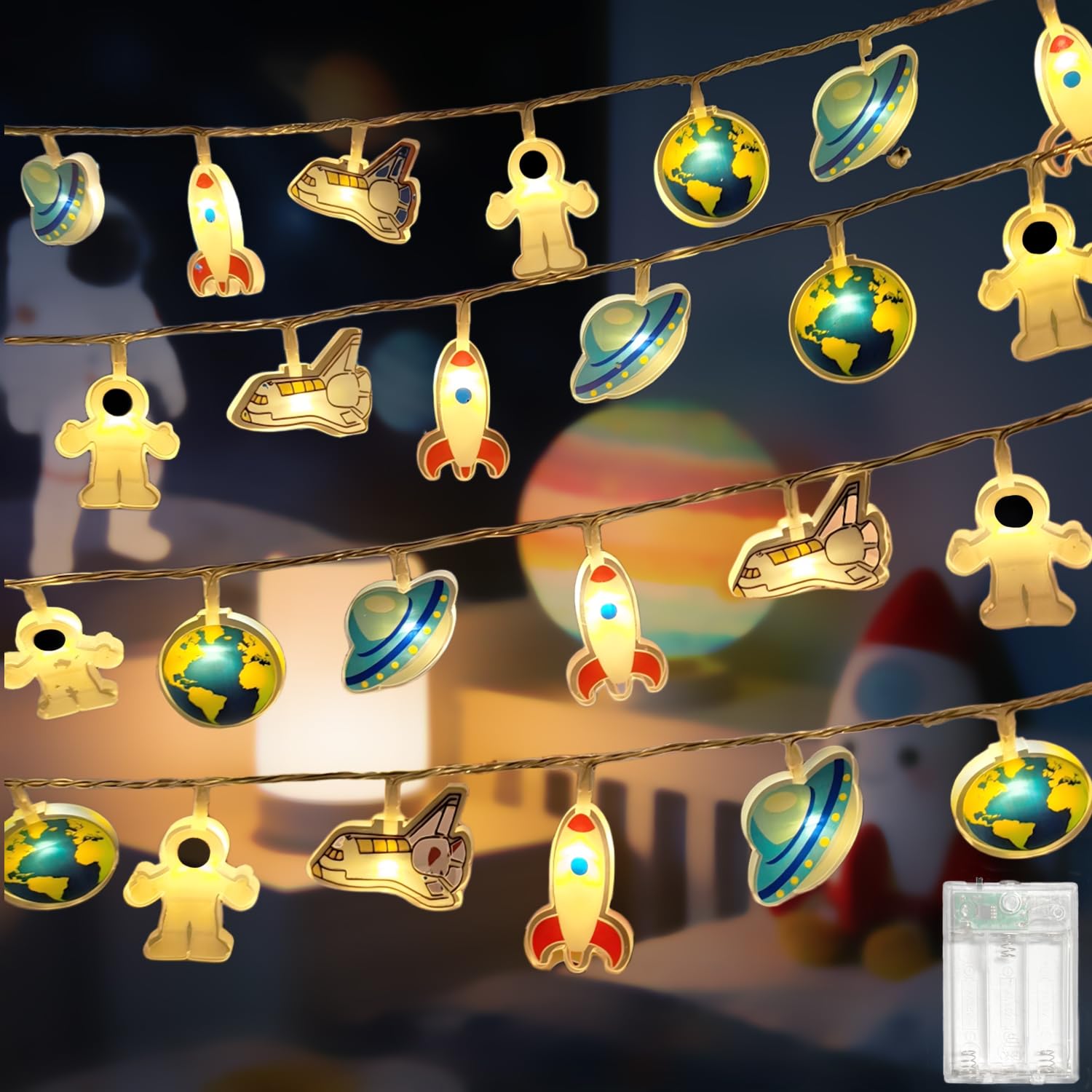 MOLVCE Weltall Lichterkette Kinderzimmer Deko Innen, 1.5M 10 LED Warmweiß Acryl Lichterkette Batteriebetrieben mit Timer, Dekorative Lichter für Schlafzimmer, Kinderzimmer, Zelt, Bett