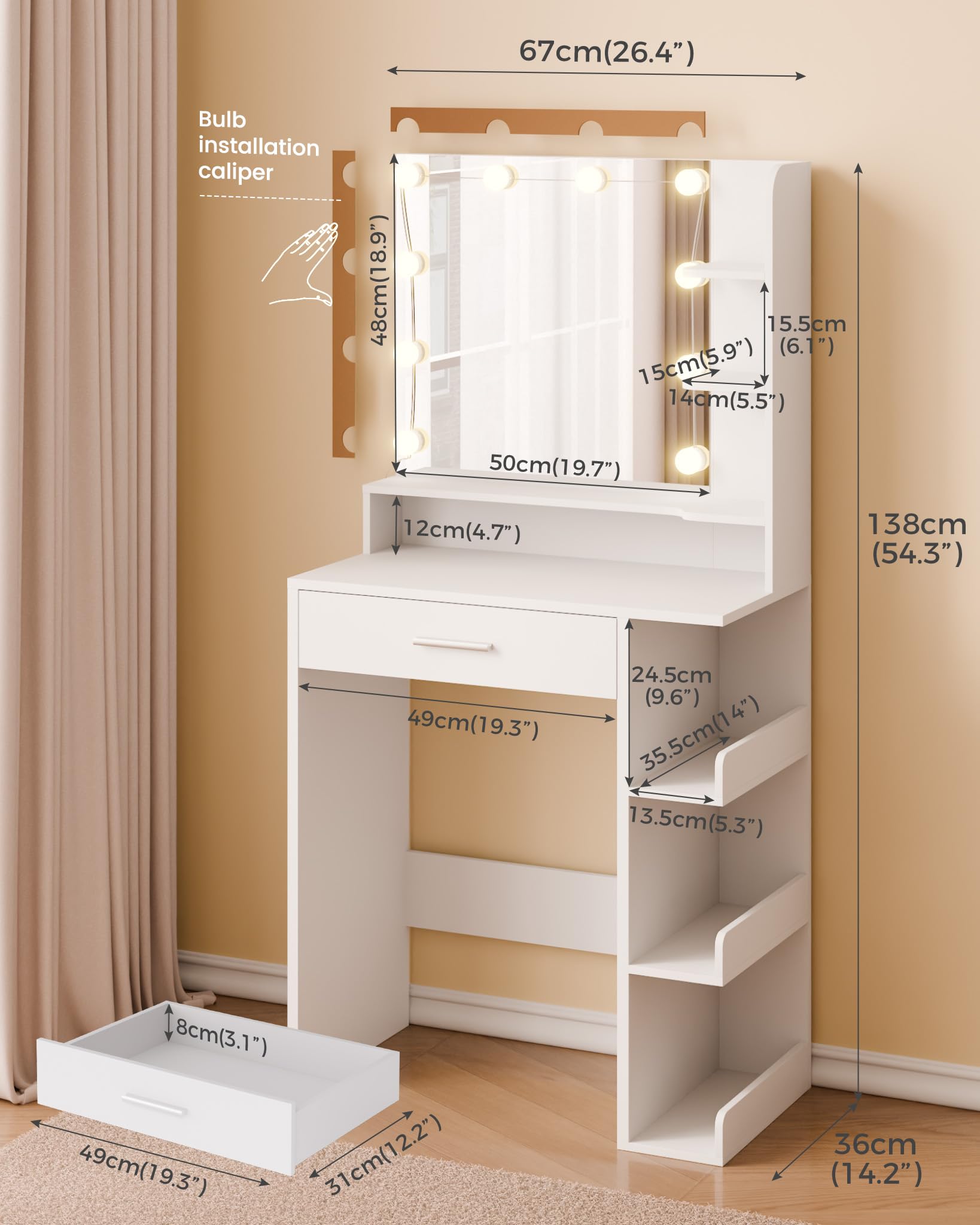 Mondeer Coiffeuse en Bois 10 LED, 7 Niveaux, 1 tiroir, Blanc, 67x36x138 cm | Structure bois solide. LED réglables. Largeur67 cm, idéal petit espace. 7 étagères, 1 tiroir cosmétiques, bijoux.