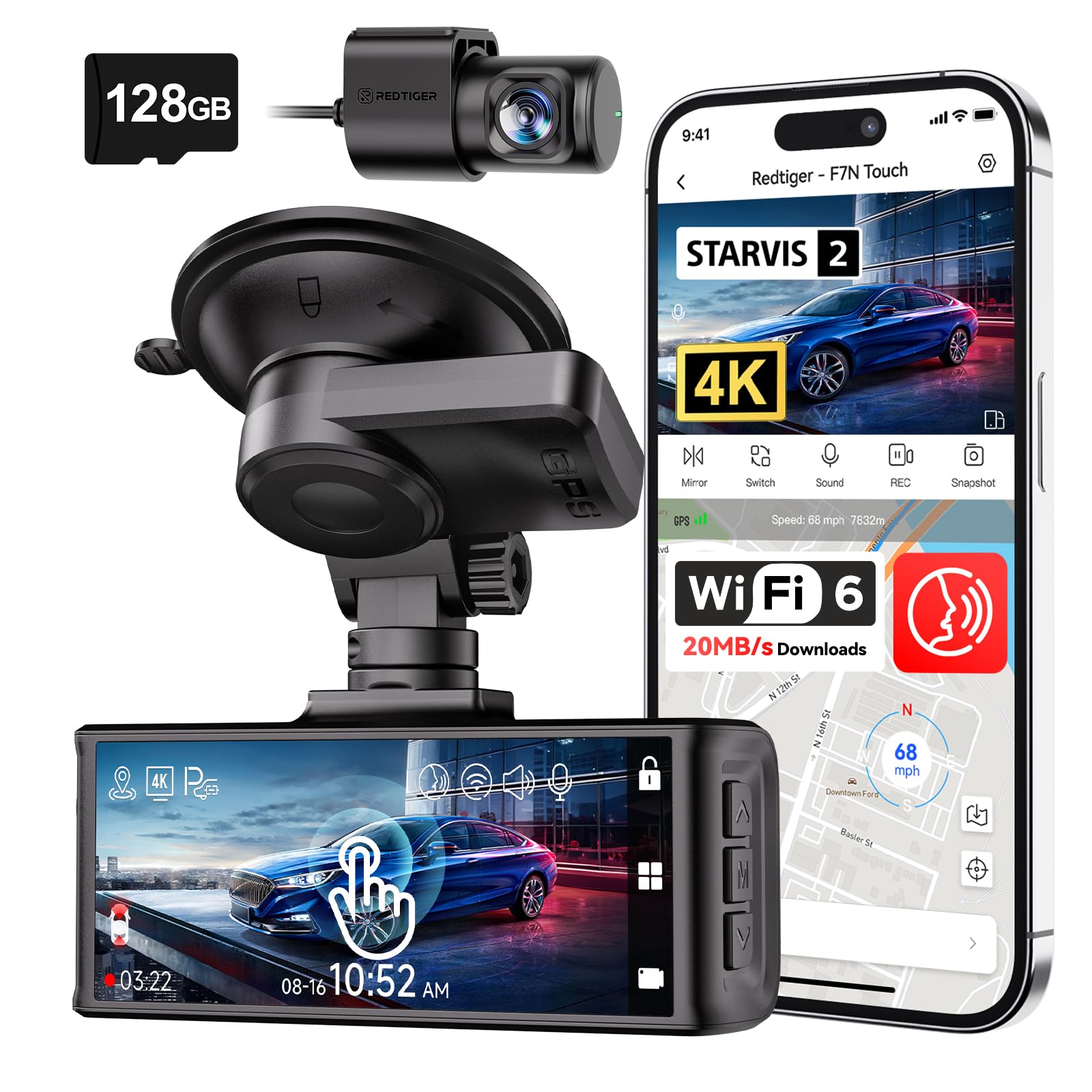 REDTIGER 4K STARVIS 2 Dash Cam Front and Rear, 5GHz WiFi 20MB/s Download, 128GB Card Included, Voice Control, Dash Camera for Cars with 3.18" Touch Screen, GPS, Loop Recording, Parking Mode(F7N Touch)