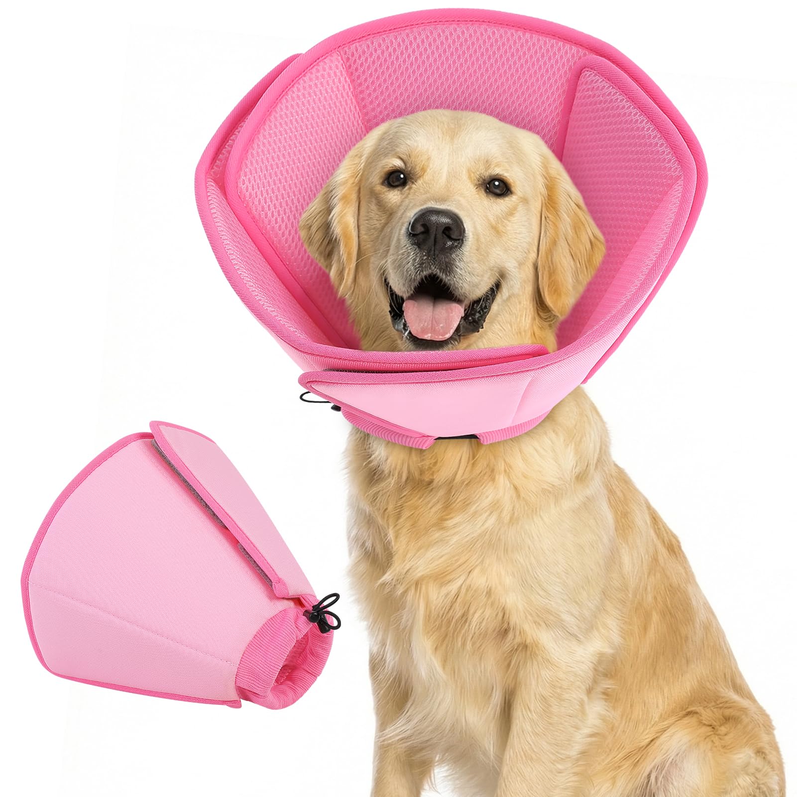 dog cone collar - soft elizabethan collar for dogs after surgery, comfy cone for dogs to stop licking, adjustable dog cone alternative for wound healing (pink l)