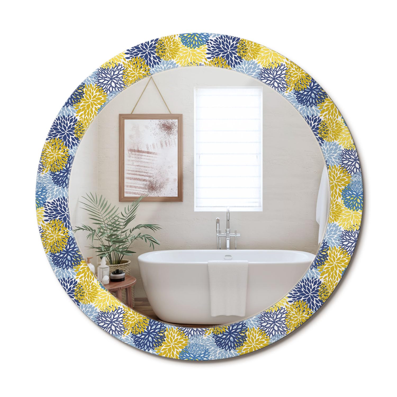 Miroir rond fleurs bleues fi70 avec cadre en verre décoratif pour salon