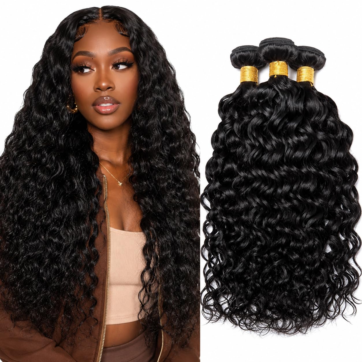 Water Wave Human Hair Bundles 12 14 16 Inch 3 Bundles Human Hair Natural 300g Quick Weave Sewn In Hair Extensions for Black Women #1B Natural WT 12 14 16 Inch