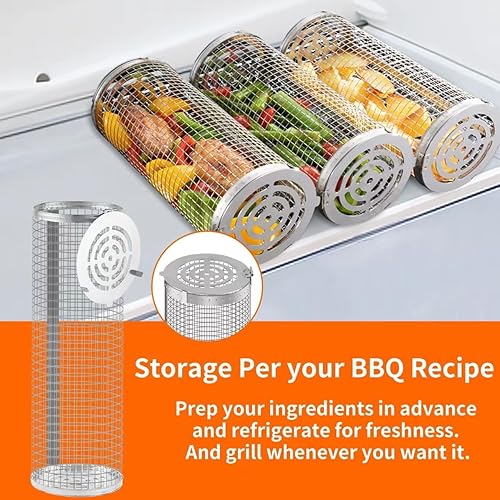 Miniatura 4 de Cestas de parrilla giratorias para parrilla al aire libre, tubo de red de barbacoa de acero inoxidable, malla redonda grande con rotación, jaula