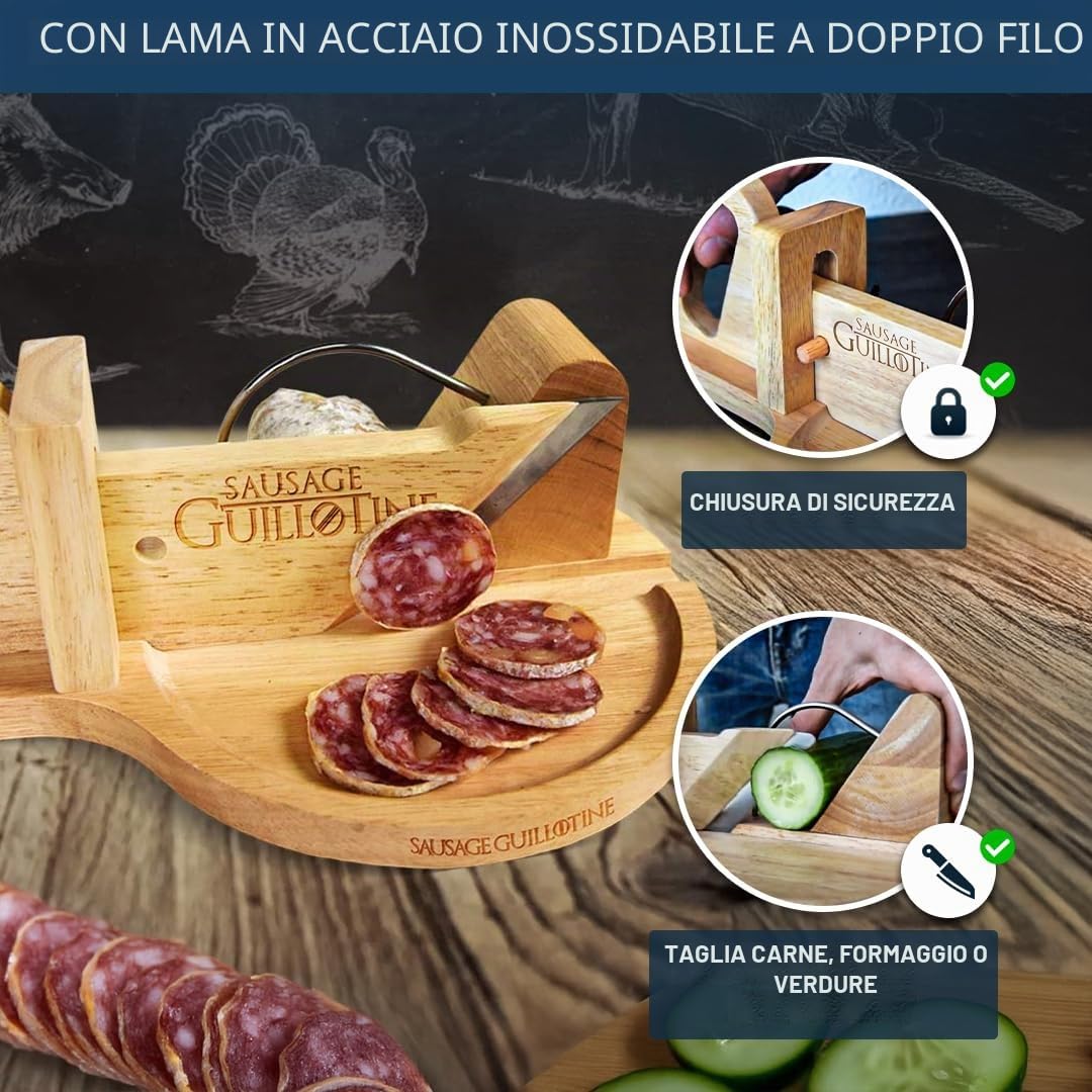 mikamax - Sausage Guillotine - Salsiccia alla ghigliottina - Taglia carne - Affettaverdure - Tagliapasta - Legno massello - 30 x 19 x 12 cm - Tagliare la carne