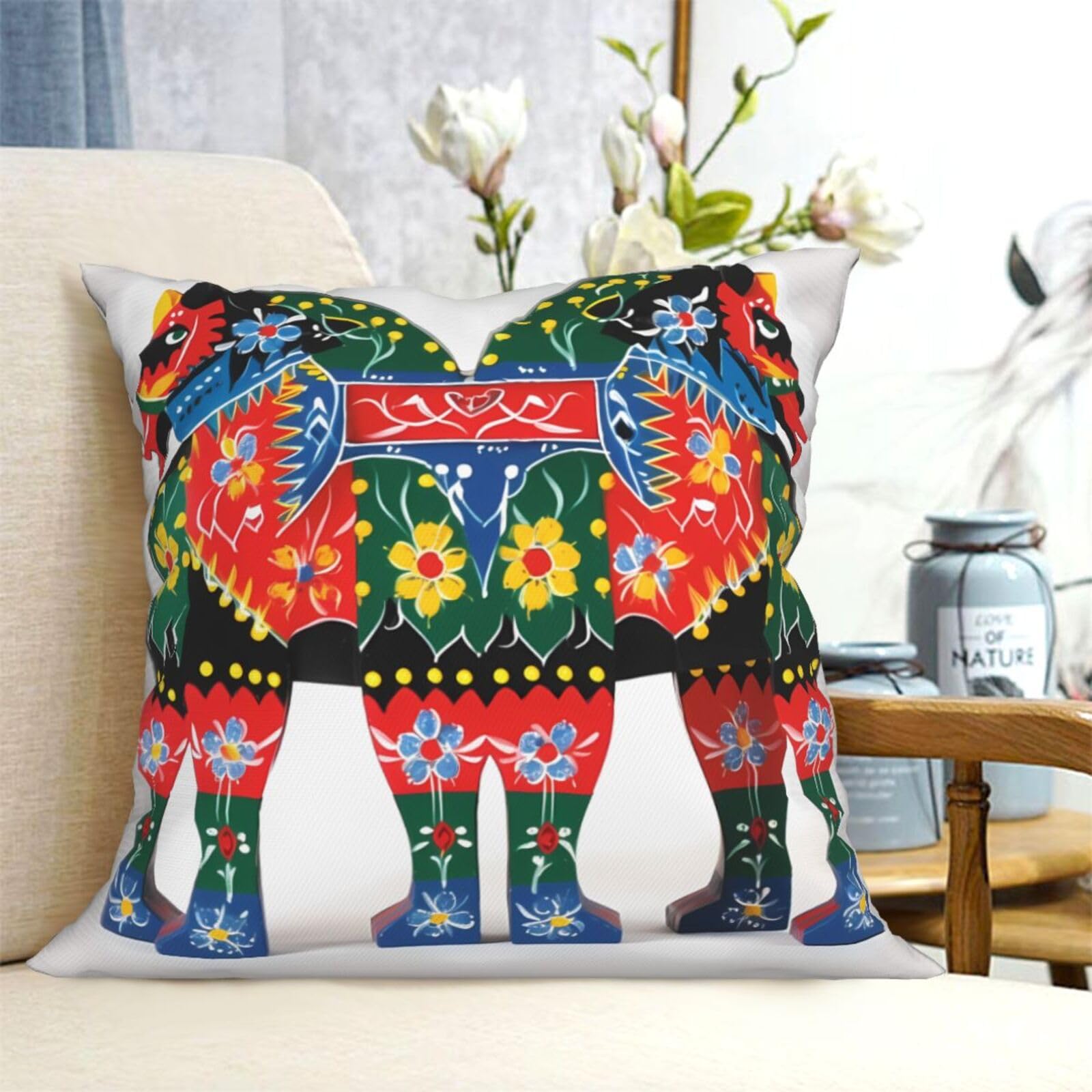 Fodpand Black Decorative Throw Pillow Covers 16"X16" Runner Swedish Dala Horse Folk Cushion Cases Square Modern Farmhouse Pillow Cases Soft Cozy Cushion Covers For Couch Sofa Bedroom Home Decor Pillowcase