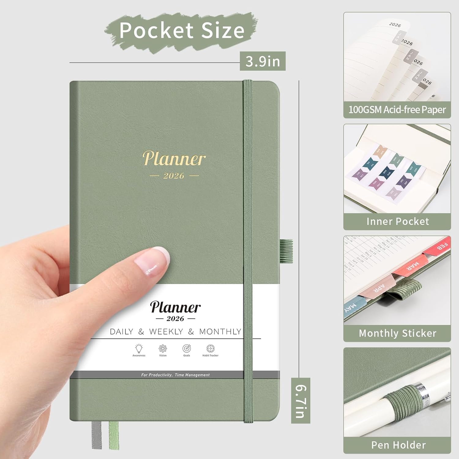 AHGXG Pocket Calendar Planner 2026-2027, Weekly and Monthly Small Planner, 15 Months, JAN 2026 - MAR 2027, Mini Size, Hardcover, Inside Pocket, For Women Men School Home Office Supplies, 3.9''X 6.7'' - Sage Green image 5 of 8 B0B6VRWCDT