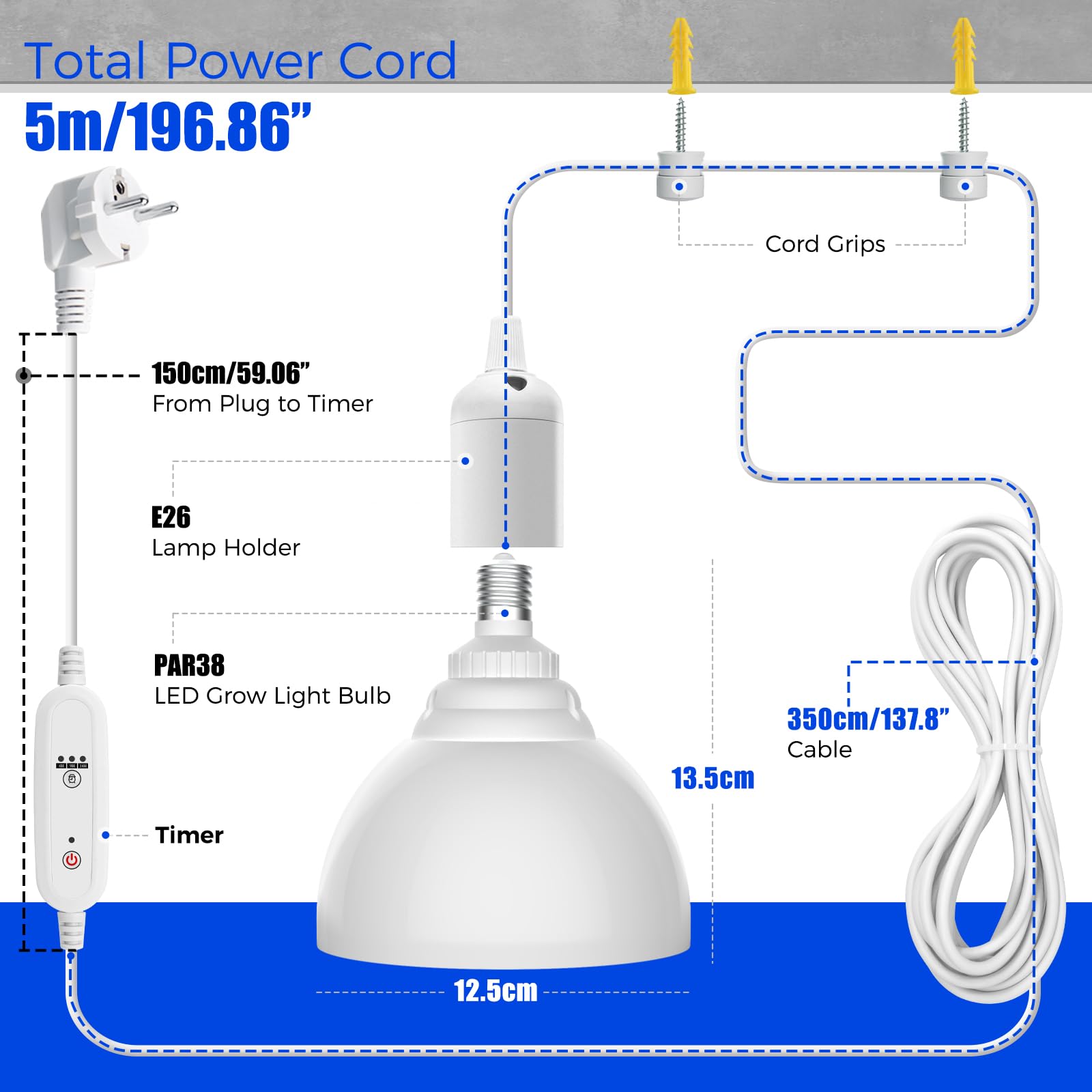 Barrina Lampe à LED pour Plantes avec Minuterie et Suspension, 25W 5000K, 4H/9H/14H Minuterie, Lampe LED à Spectre Complet Plantes d'intérieur pour Semis, Succulentes, Cactus, Croissance
