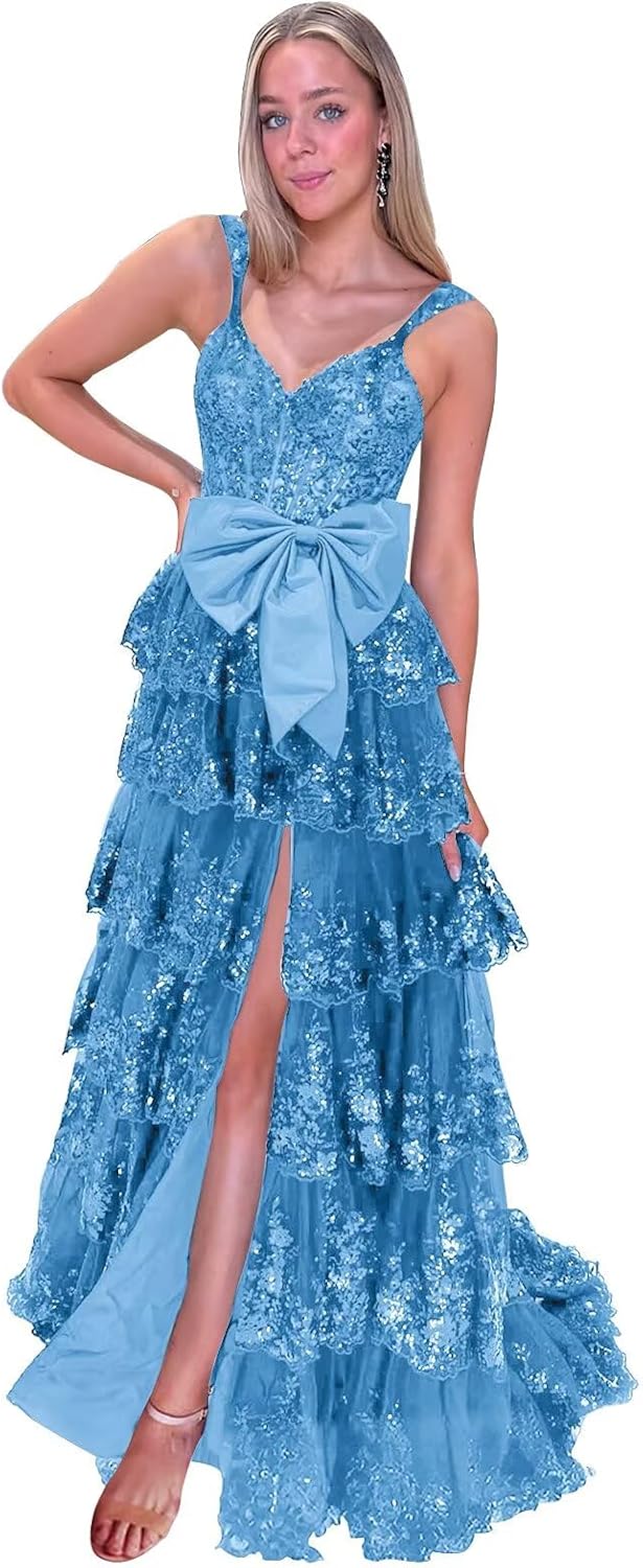SoDigne Tiered Long Tulle Prom Dress for Women Bow Backless Lace Applique Formal Evening Gown with Slit