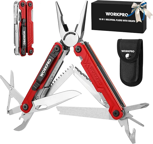 WORKPRO 18-in-1 Multi Tool Pliers, Gifts for Dad, Stainless Steel EDC Multitool with Pocket Knife, 2 Safety Locks, Belt Clip and Oxford Pouch, Multipurpose Utility Multiuse Tool for Outdoor 
