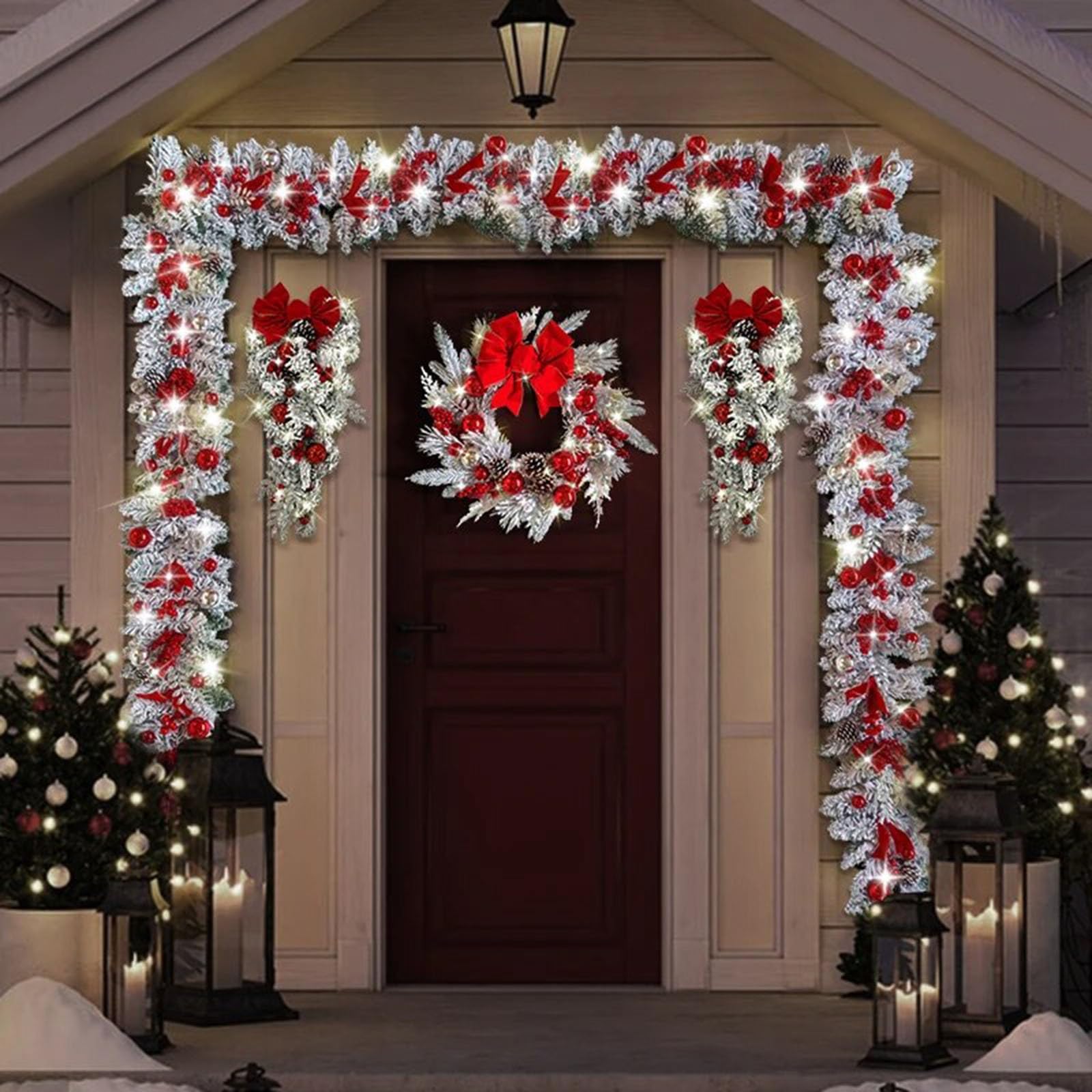 Künstlicher hängender Weihnachtskranz, Weihnachtskugel Girlande für die Haustür mit Schleifenkranz Rattan Set für Zuhause Treppen Innen und Außendekoration(45cm Wreath)