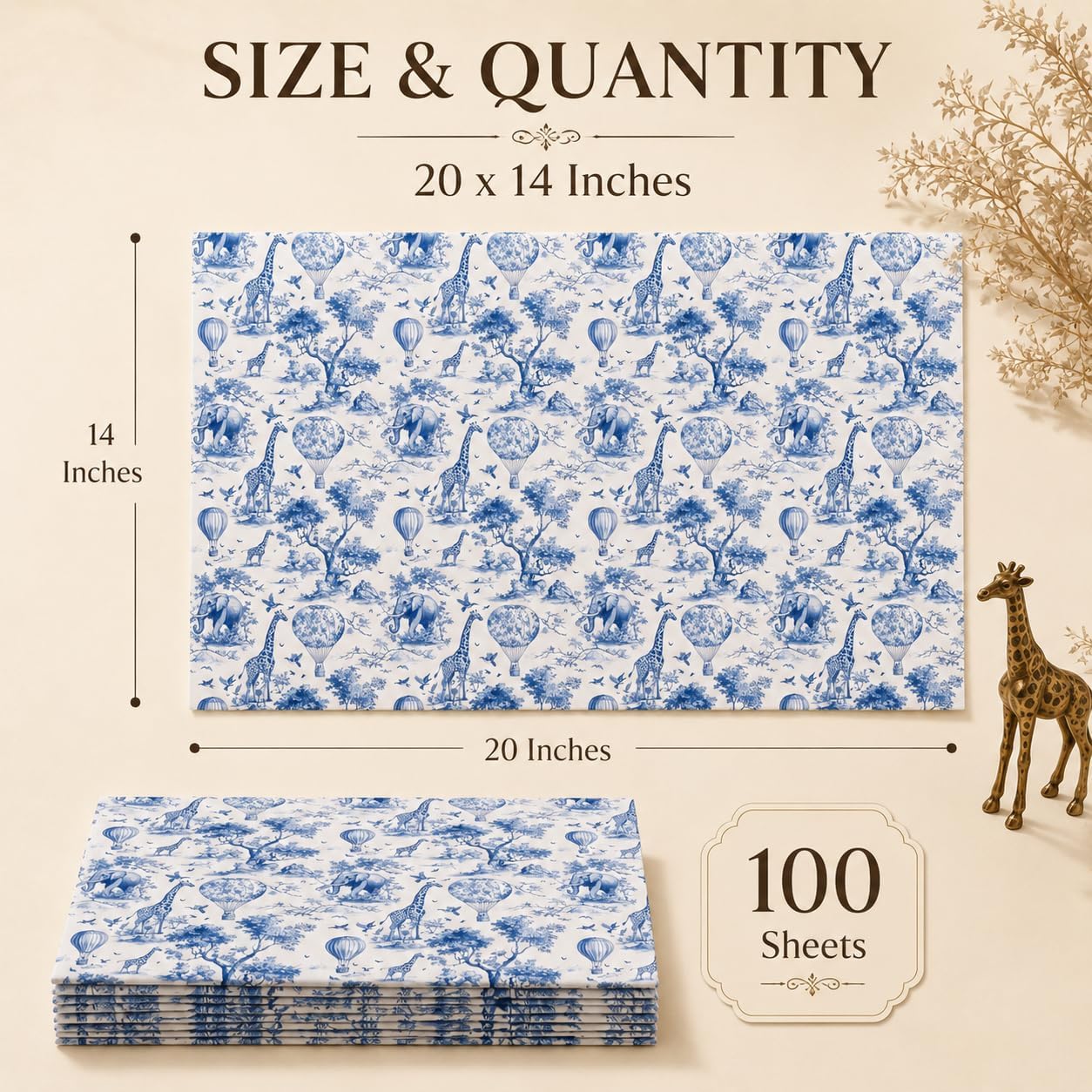 100 Sheets Africa Toile de Jouy Tissue Paper, 13.8x19.7'' Seamless Chinoiserie Africa Elephant Giraffe Patterns Art Crafts Paper for Birthday Baby Shower Party Supplies (Blue)
